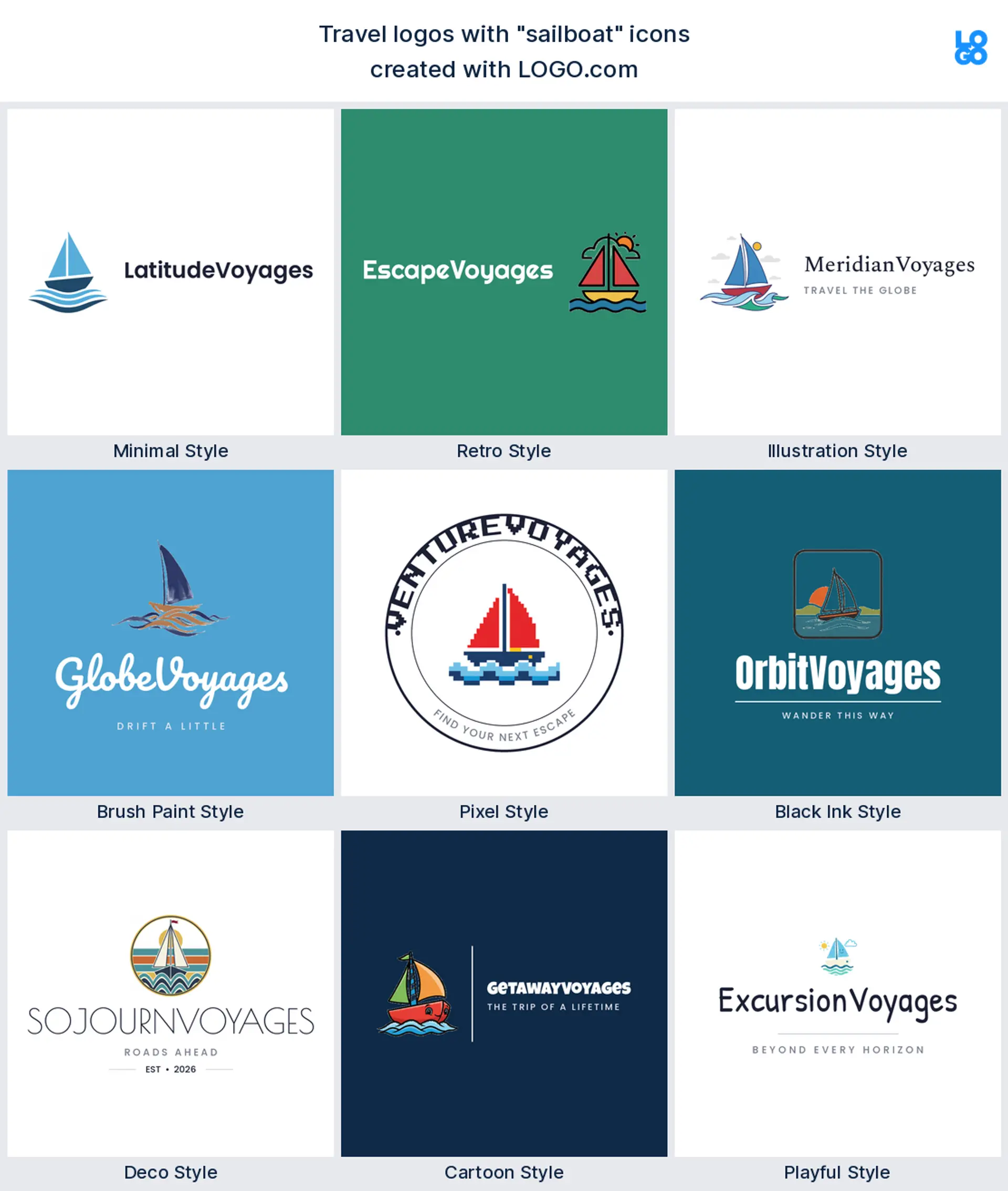 Sailboat, deco travel logo shown in nine LOGO.com styles