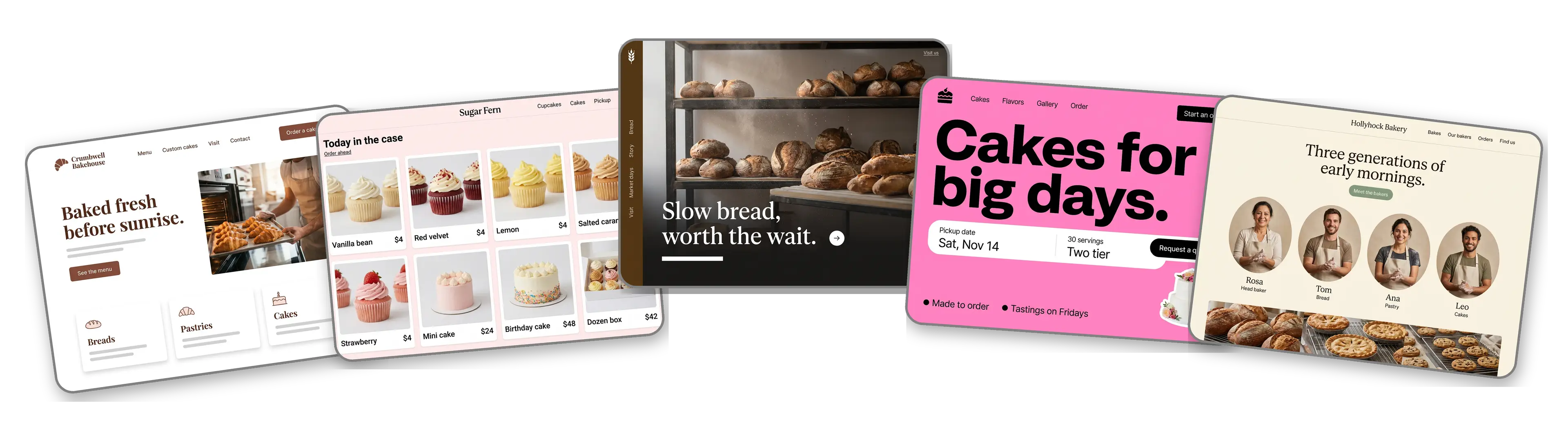 Five bakery websites built with LOGO.com from a logo upload: a neighborhood bakery, a cupcake shop, a sourdough bakery, a custom cake studio and a family run village bakery