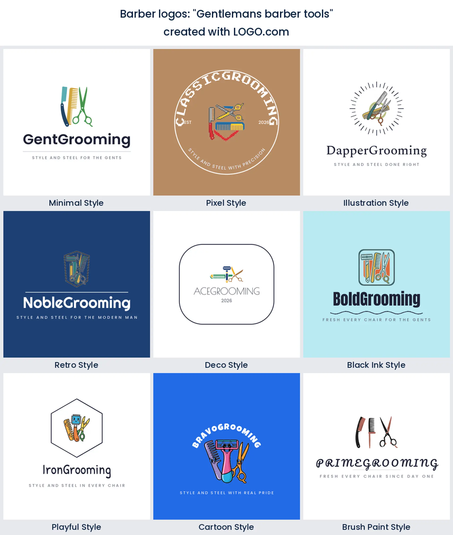 Gentleman’s barber tools logo in nine styles.