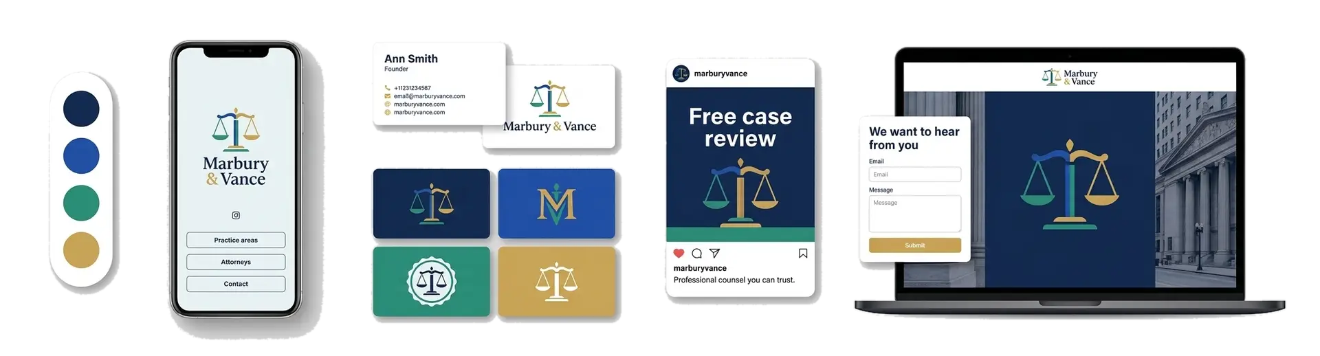 A law firm logo maker showing a legal brand across an office sign, business cards, and a firm website