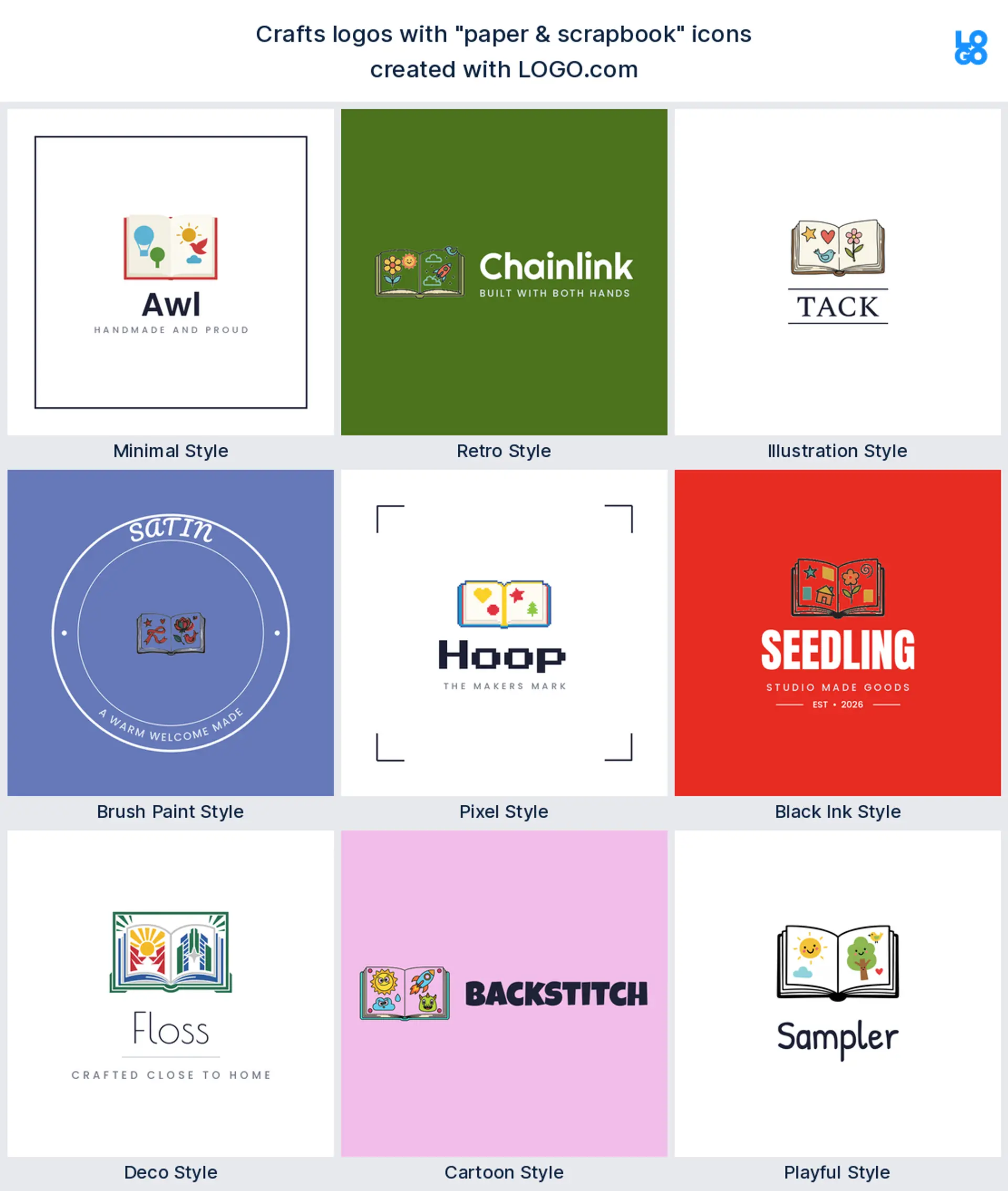 Paper and scrapbook craft logo shown in nine LOGO.com styles
