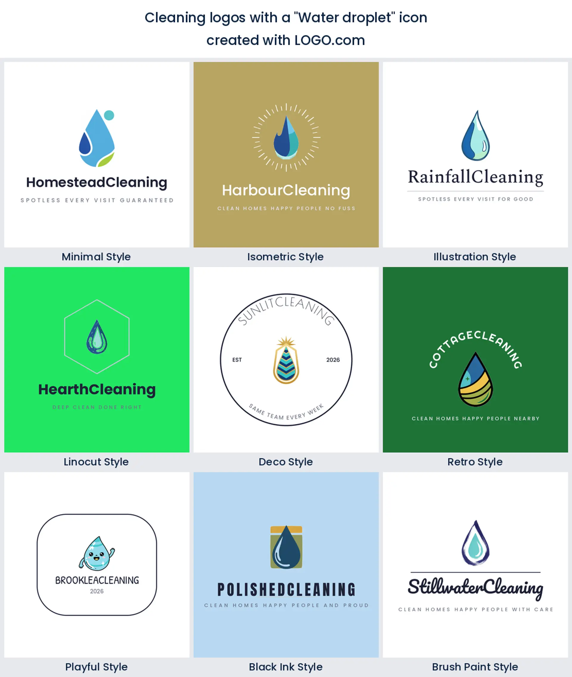 Water droplet cleaning logo shown in nine LOGO.com styles