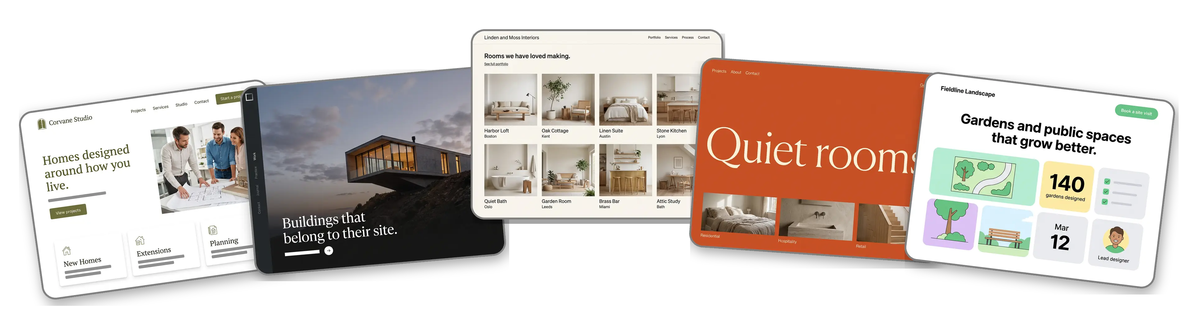 Five architecture and interior design websites built with LOGO.com from a logo upload: a residential architecture firm, a modern architecture studio, an interior design studio, a minimal interior architect and a landscape architecture practice