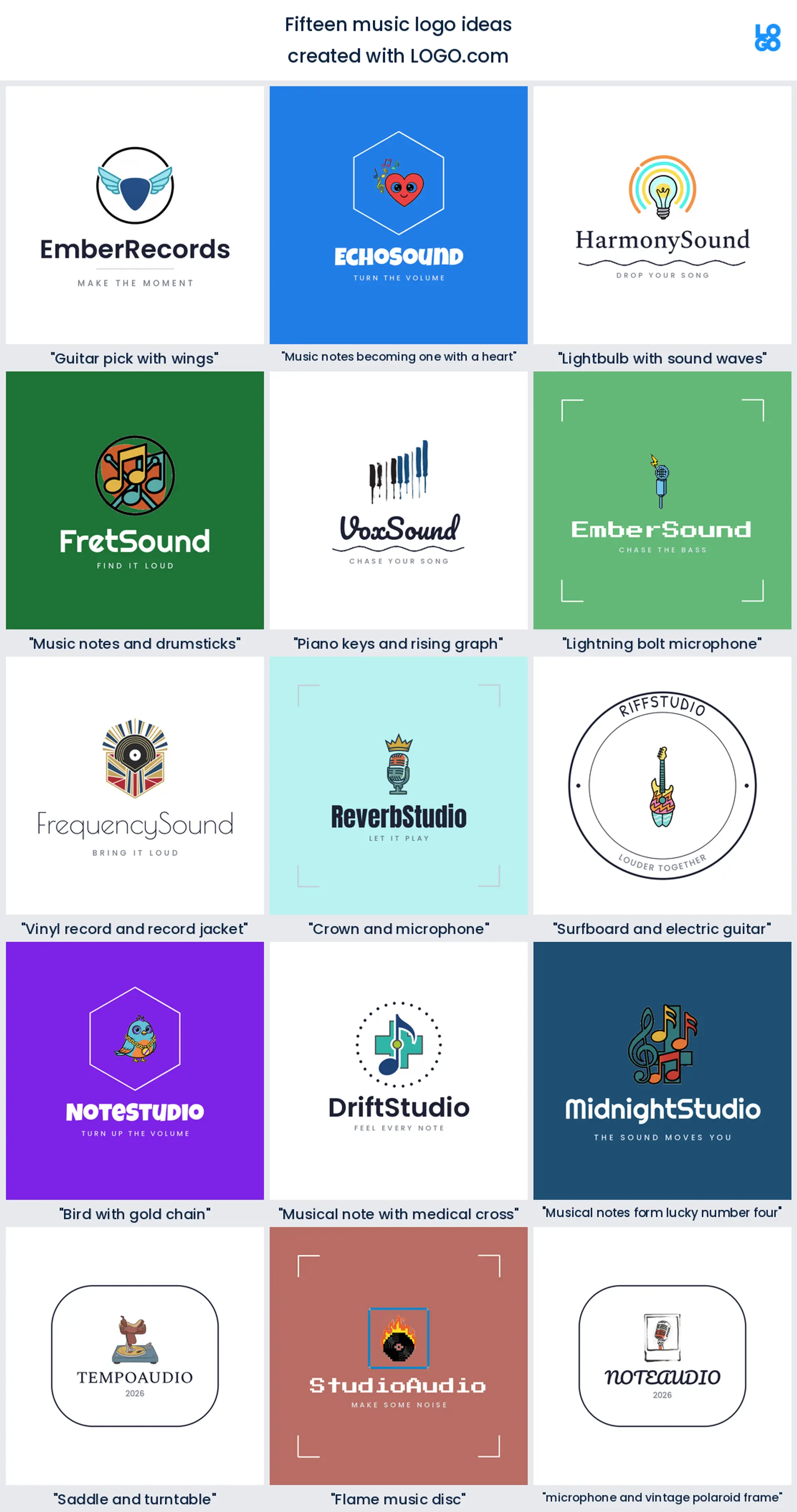 Fifteen music logo ideas shown across nine LOGO.com styles