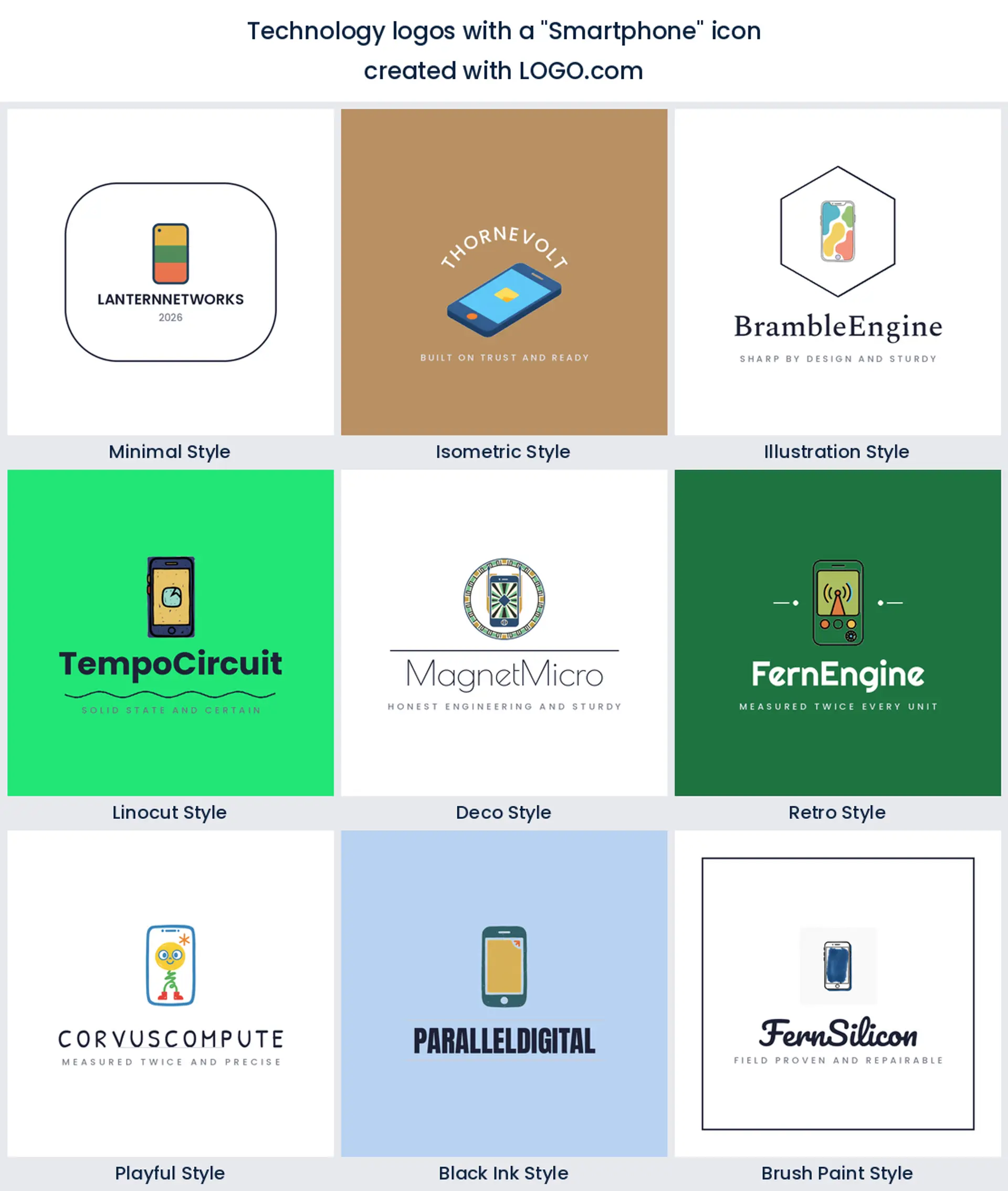 Smartphone technology logo shown in nine LOGO.com styles.