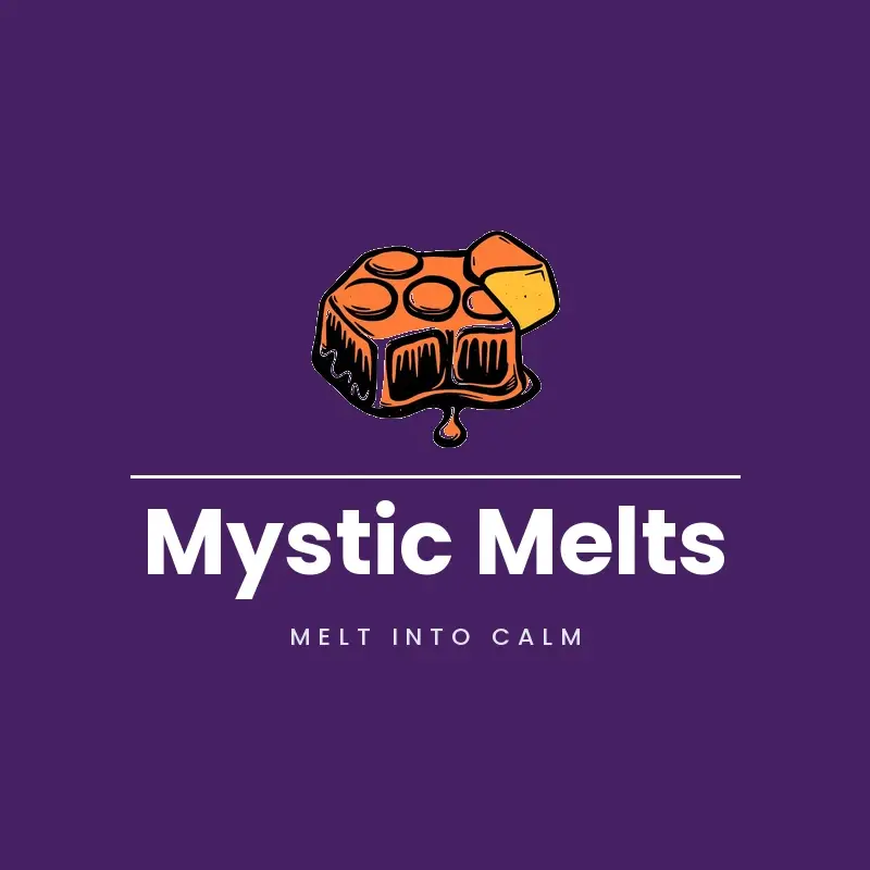 The candle name Mystic Melts as a branded logo in a linocut style