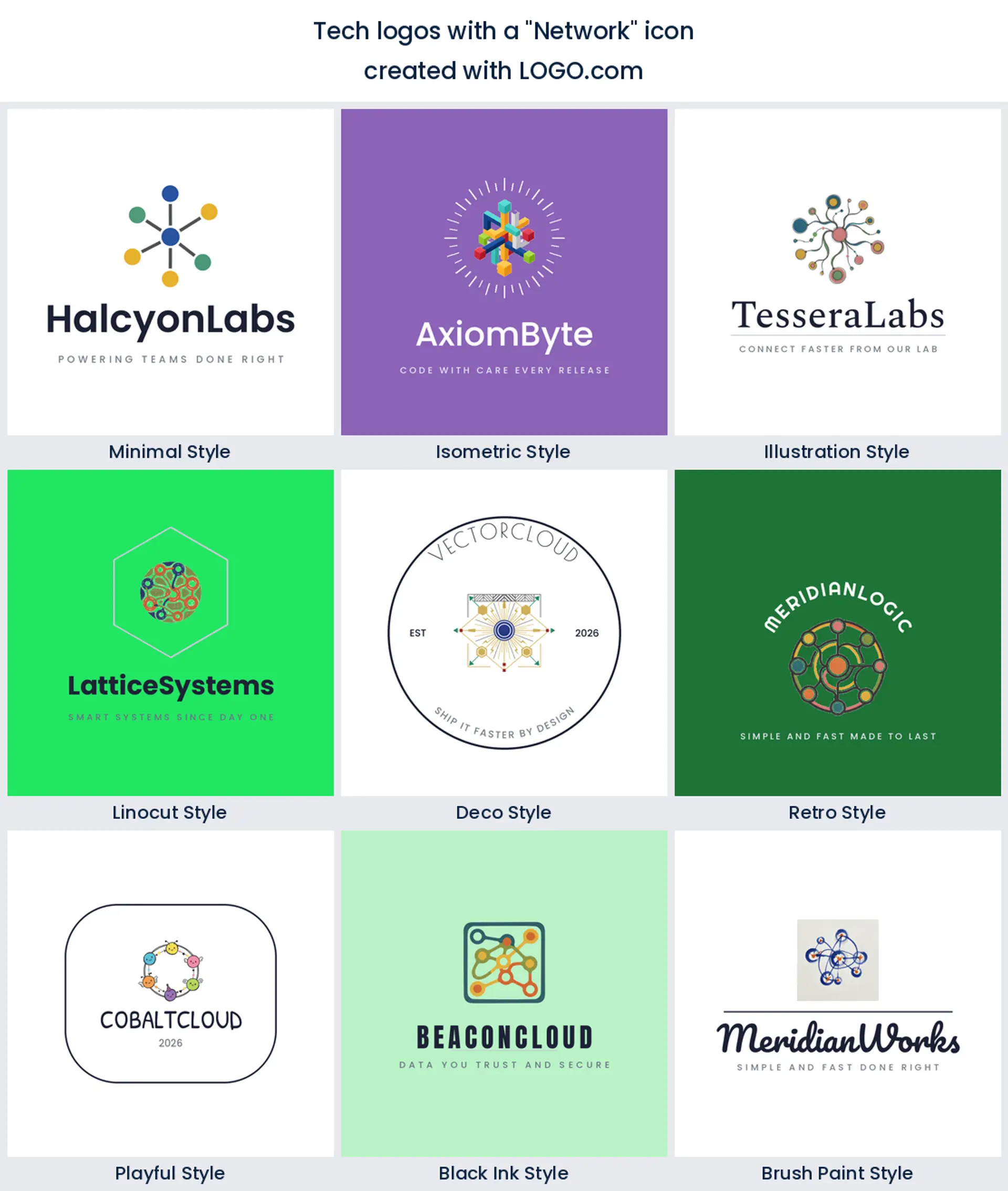 Network and connected nodes tech logo shown in nine LOGO.com styles.