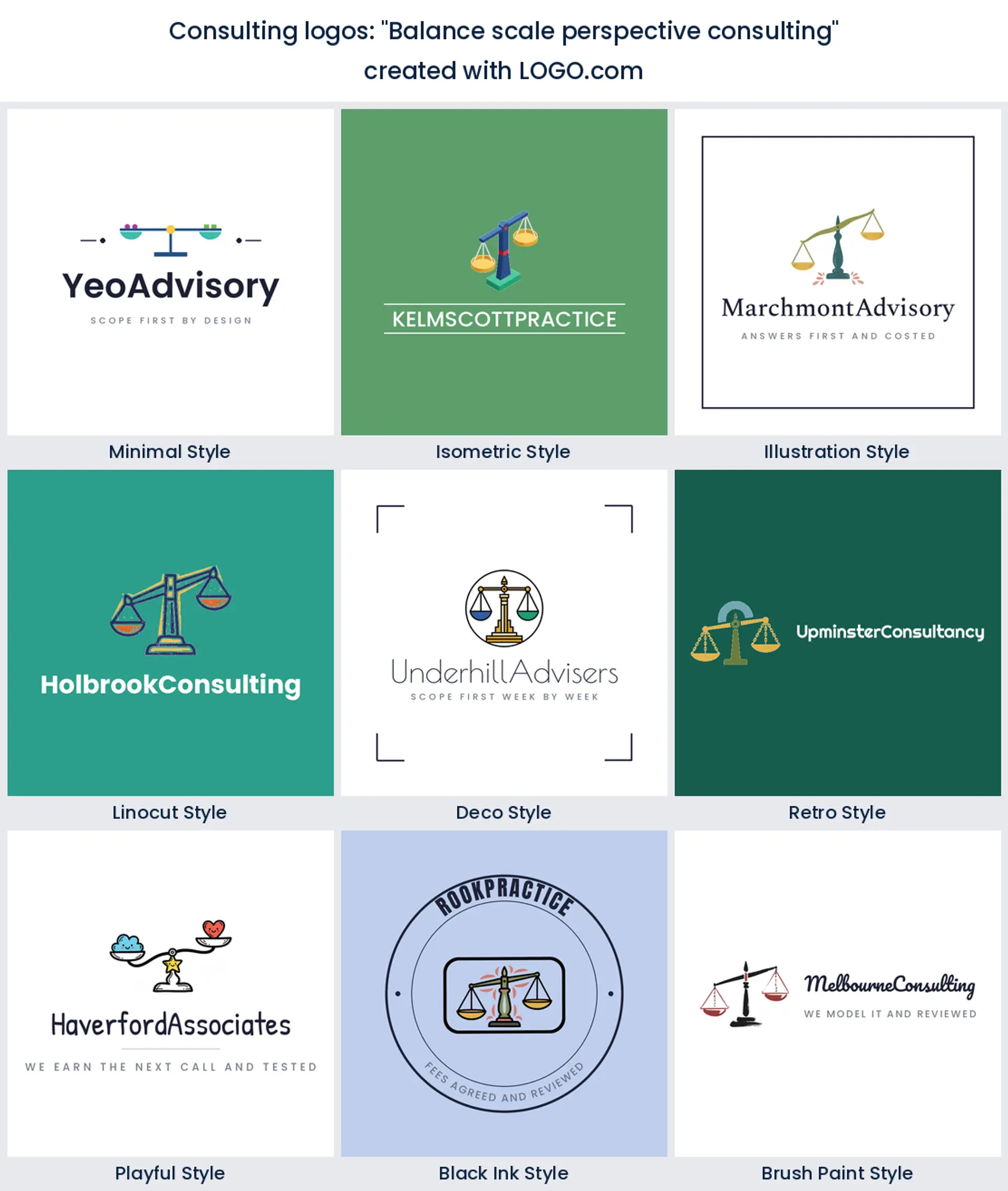 Nine styles of consulting logo with a balance scale held level