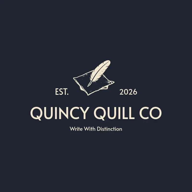 The pen name Quincy Quill Co as a branded logo with a single color icon