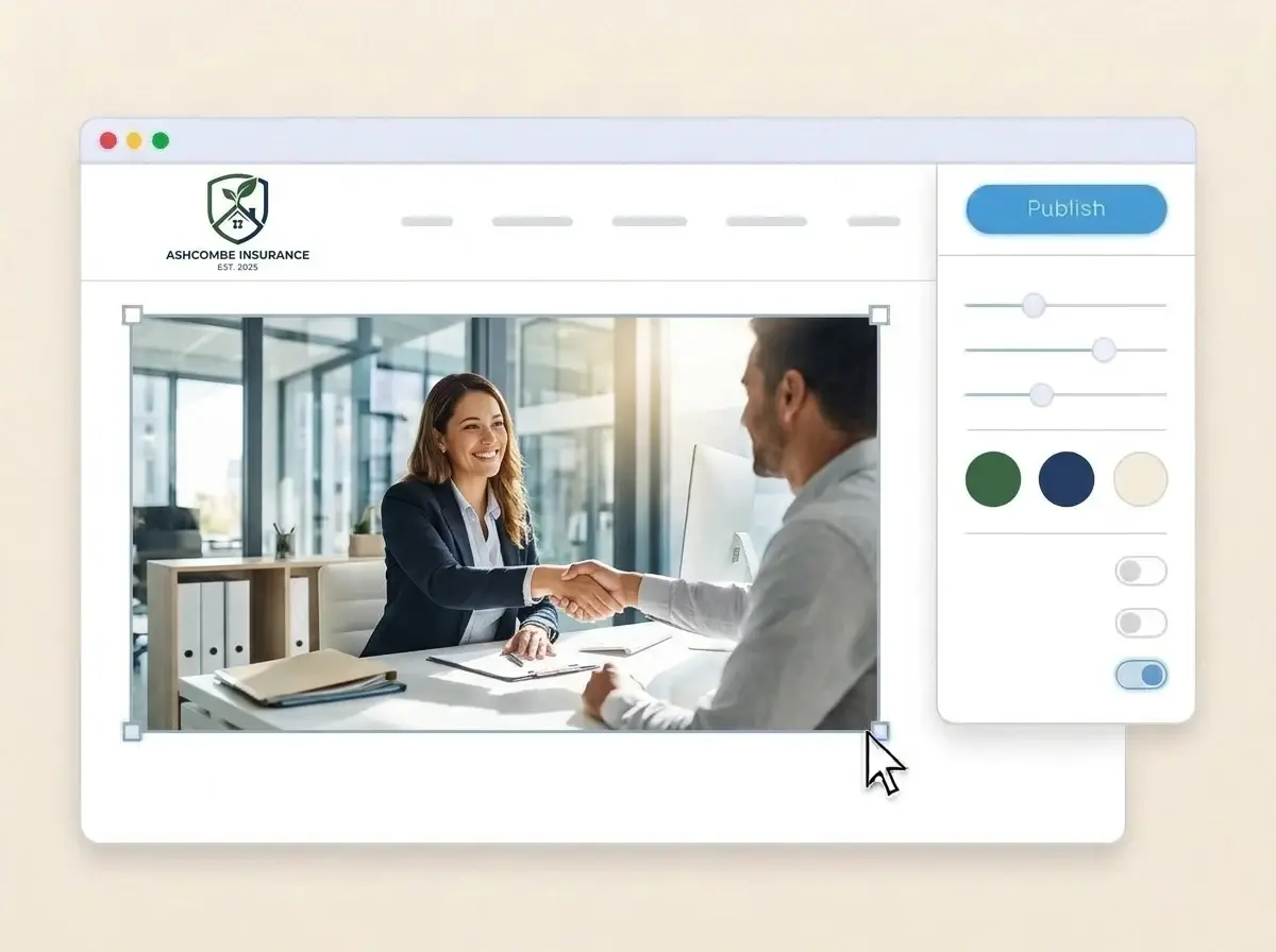 Editing the Ashcombe Insurance website with a photo of an agent meeting a client selected, the style panel open and the Publish button ready