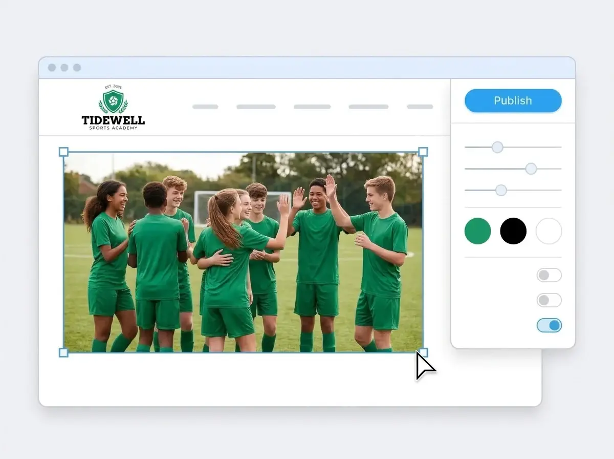 Editing the Tidewell Sports Academy website with a photo of a youth team celebrating on the field selected, the style panel open and the Publish button ready