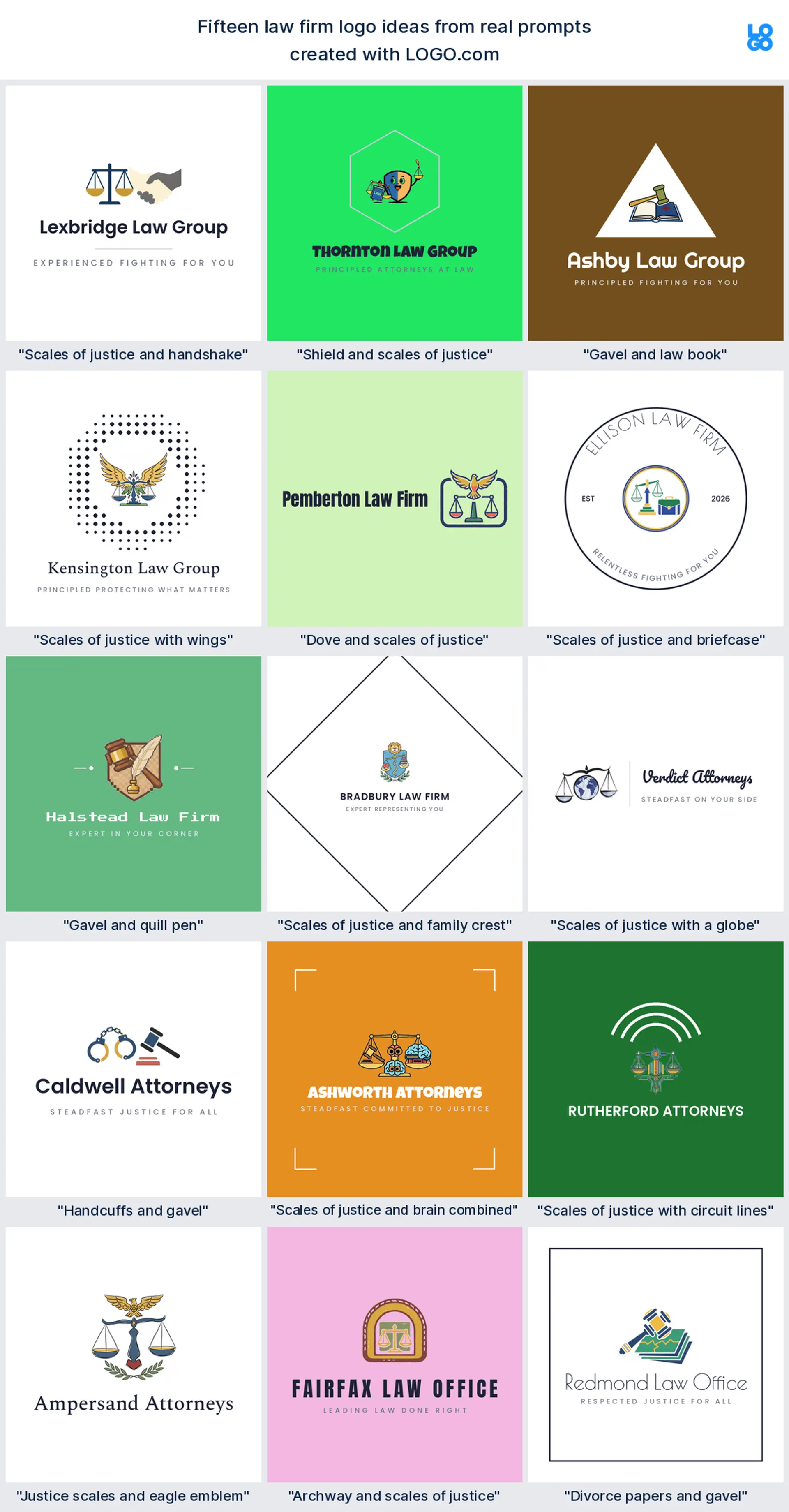 Fifteen law firm logo ideas from real founder prompts, shown across nine styles