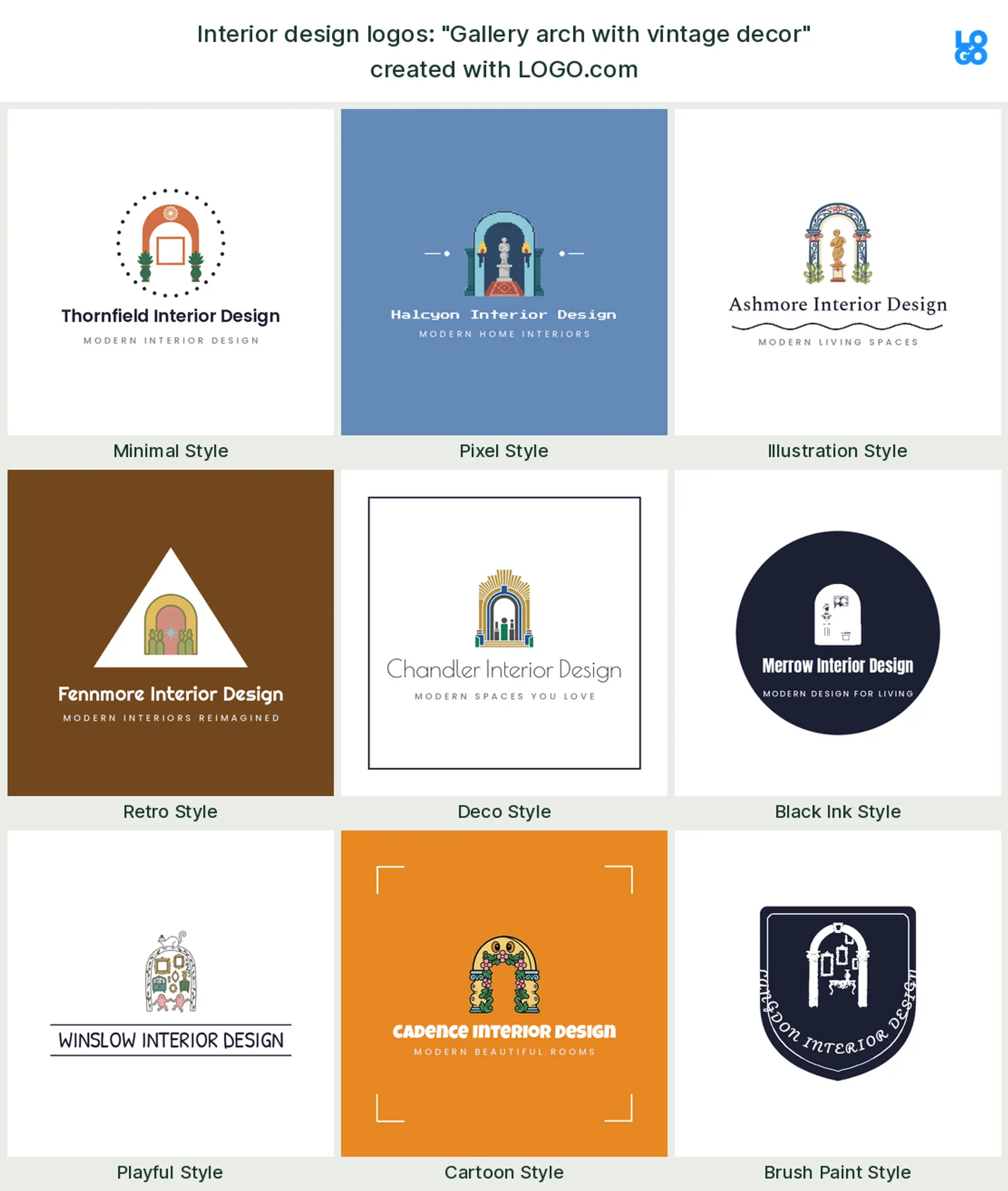 The "Gallery arch with vintage decor" interior design logo idea, shown across nine styles on LOGO.com
