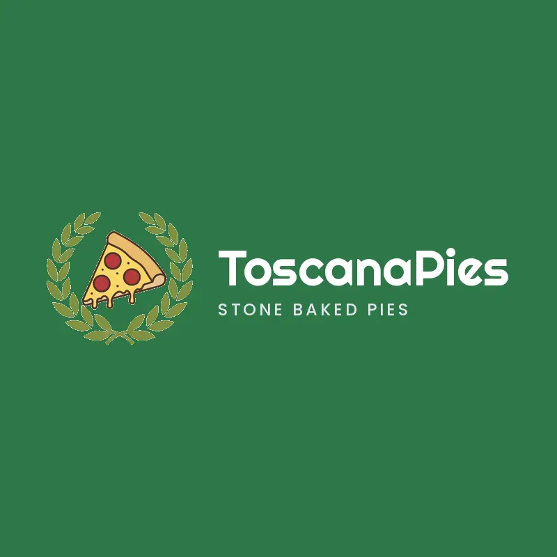 A retro pizza slice and laurel wreath logo on a green background.