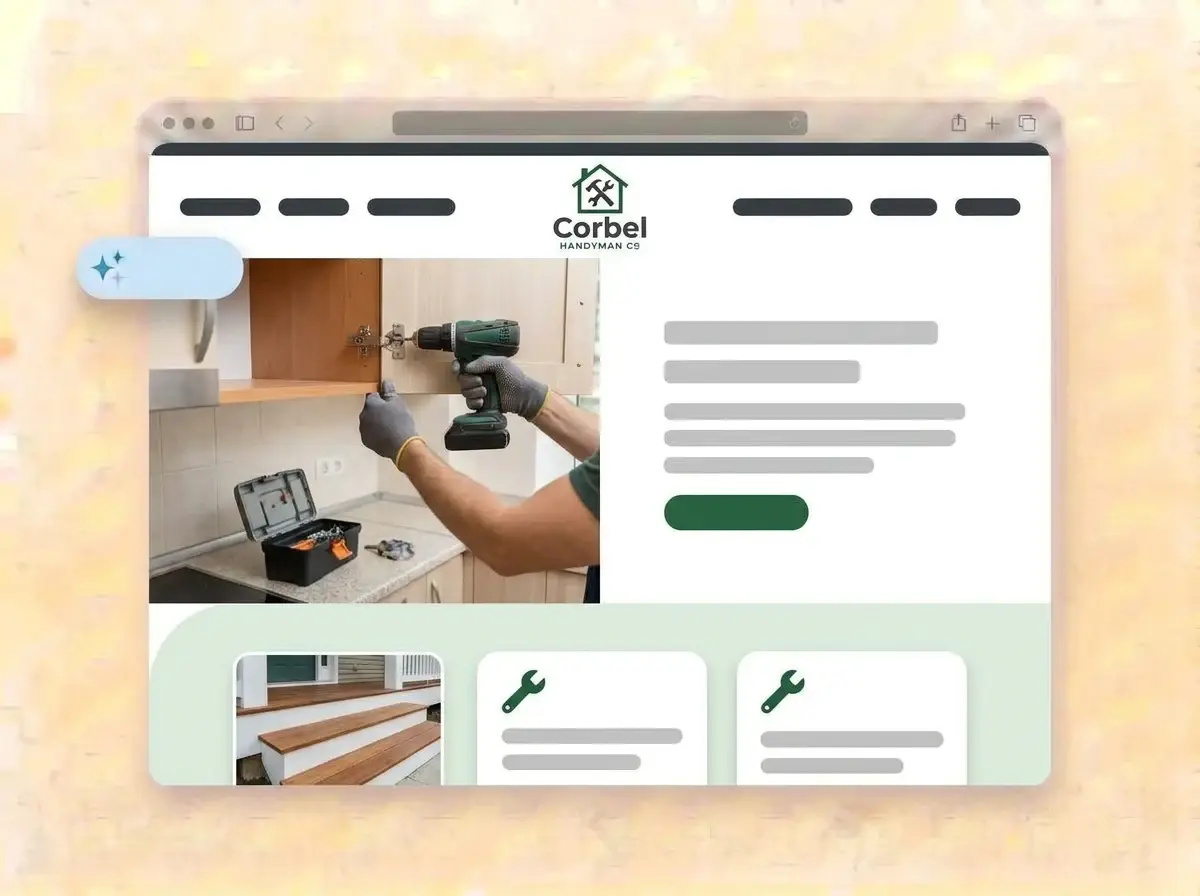 Finished Corbel Handyman Co website built by LOGO.com from the uploaded logo, with gloved hands fixing a kitchen cabinet door in the hero photo