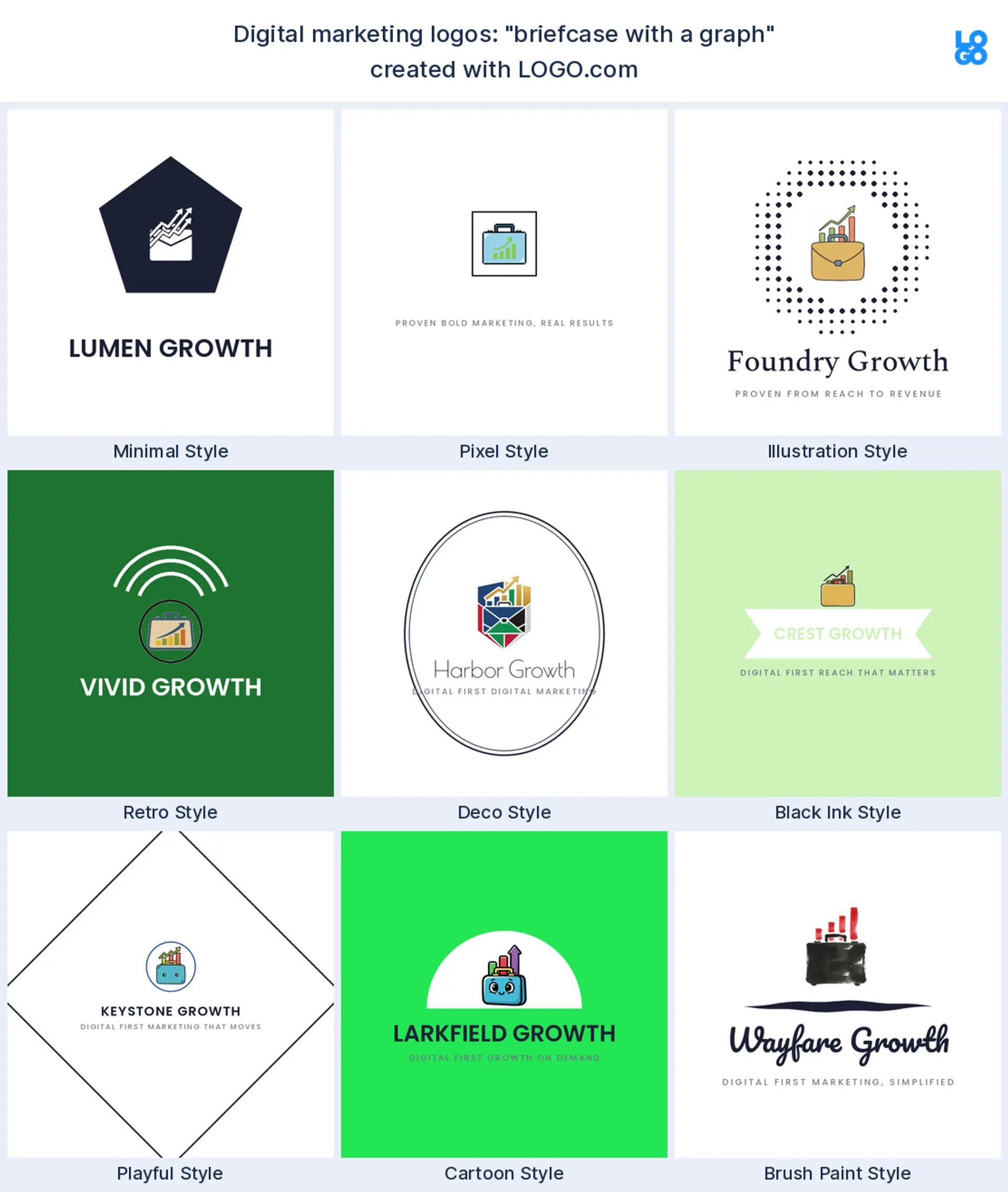 The "briefcase with a graph" digital marketing logo idea, shown across nine styles on LOGO.com