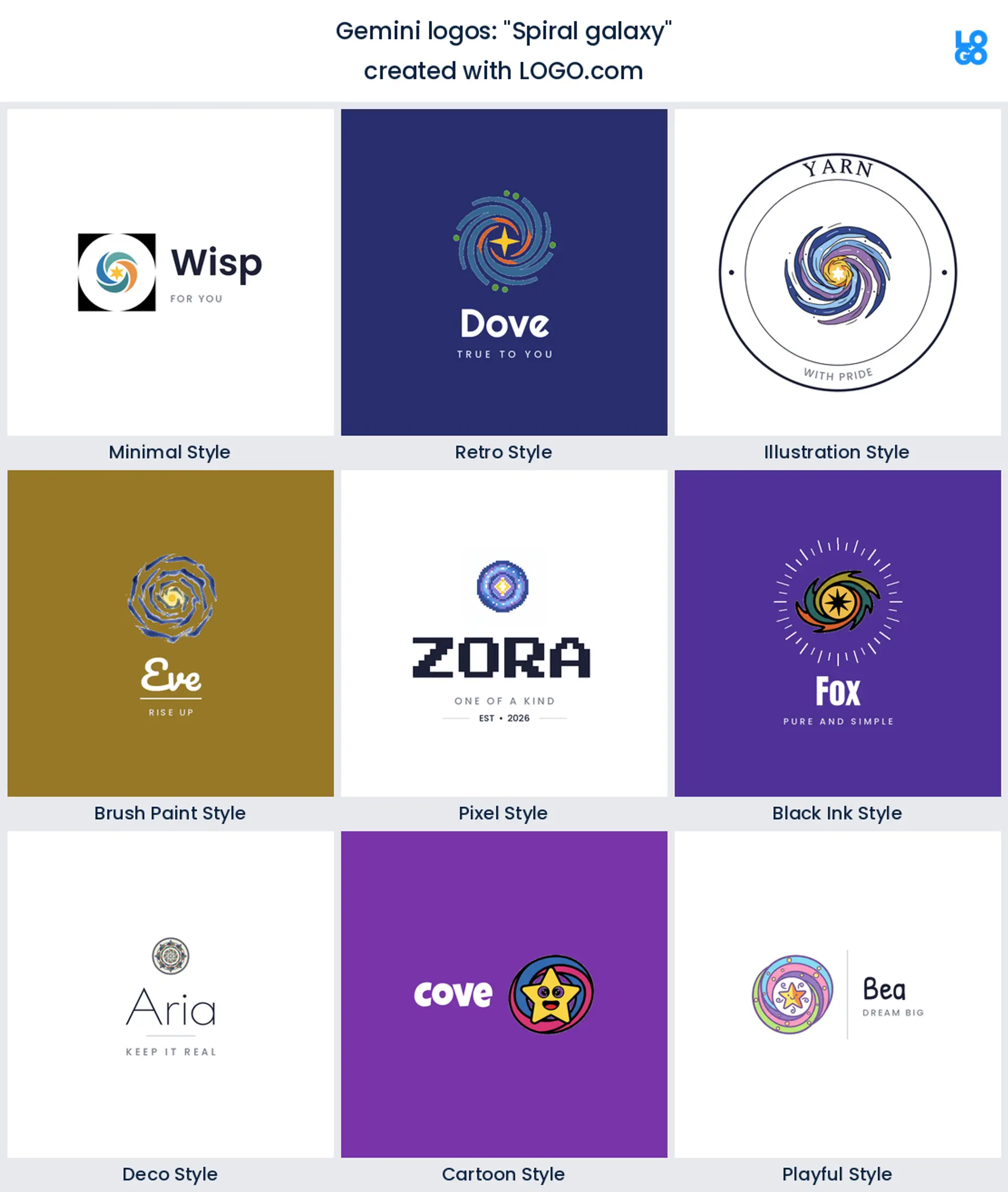 Spiral galaxy, Gemini logo shown in nine LOGO.com styles