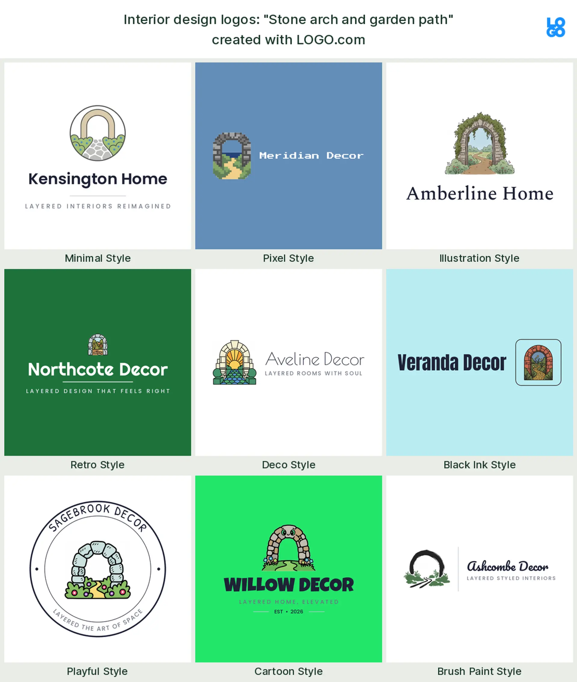 The "Stone arch and garden path" interior design logo idea, shown across nine styles on LOGO.com