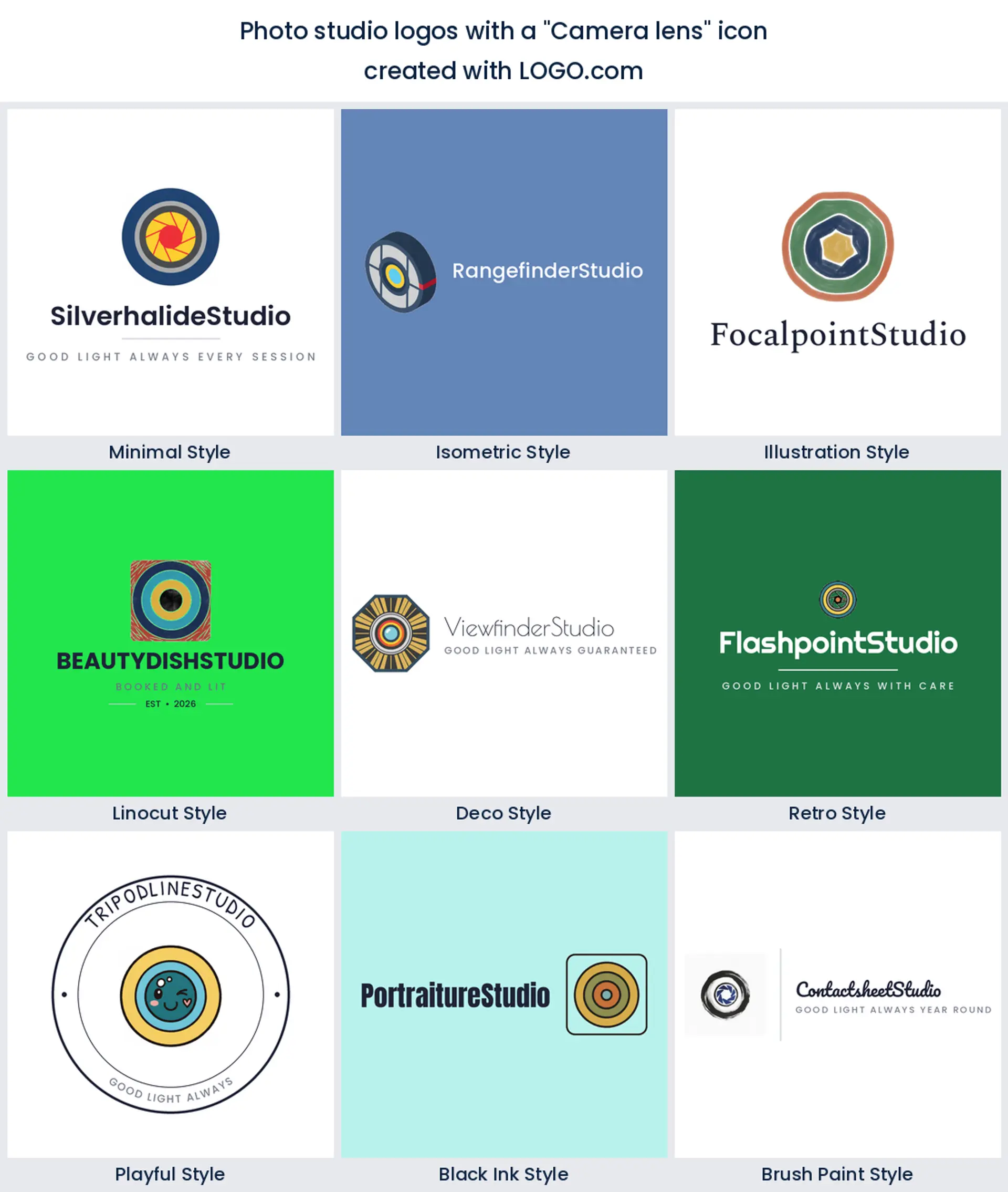 Photo studio logo ideas built around a camera lens icon in nine styles