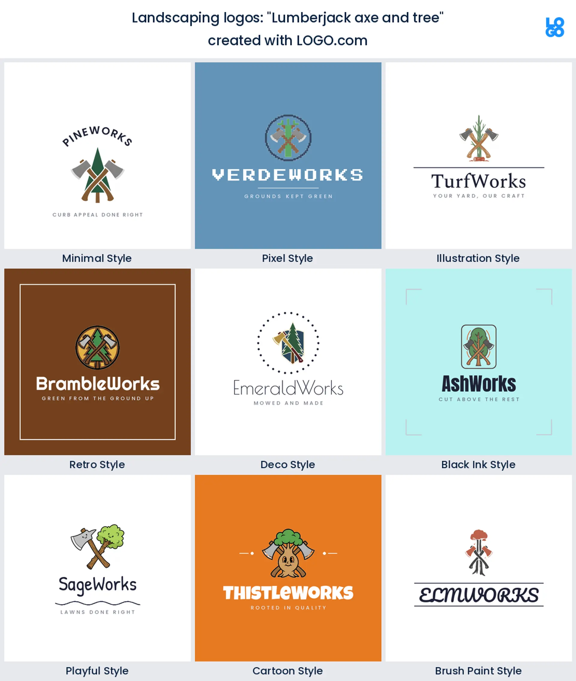 Lumberjack axe and tree, a landscaping logo idea shown in nine LOGO.com styles