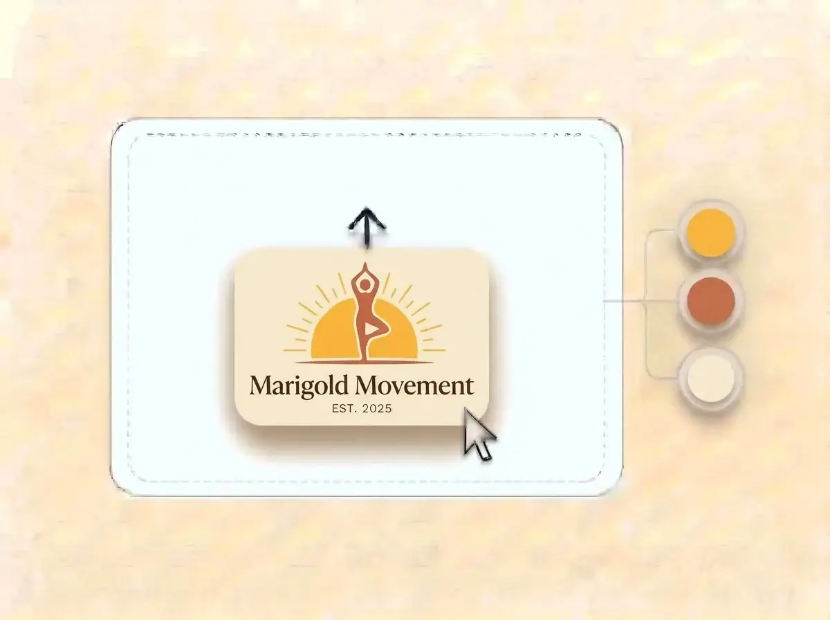 Marigold Movement logo, a terracotta figure in a balance pose inside a marigold yellow sun on a cream card, dropped into the LOGO.com upload box with its colors split into swatches