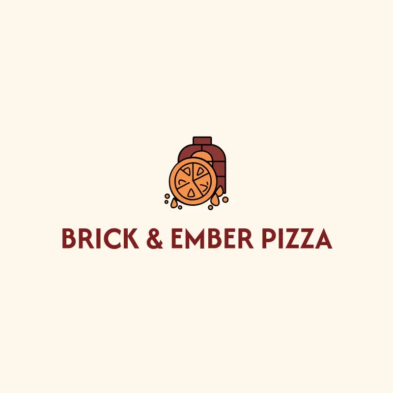 The pizza shop name Brick & Ember Pizza as a branded logo with a color icon