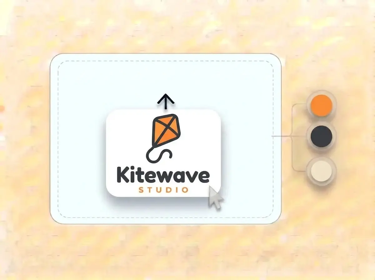 Kitewave Studio logo, an orange kite shaped like a play symbol with a curly tail on a white card, dropped into the LOGO.com upload box with its colors split into swatches