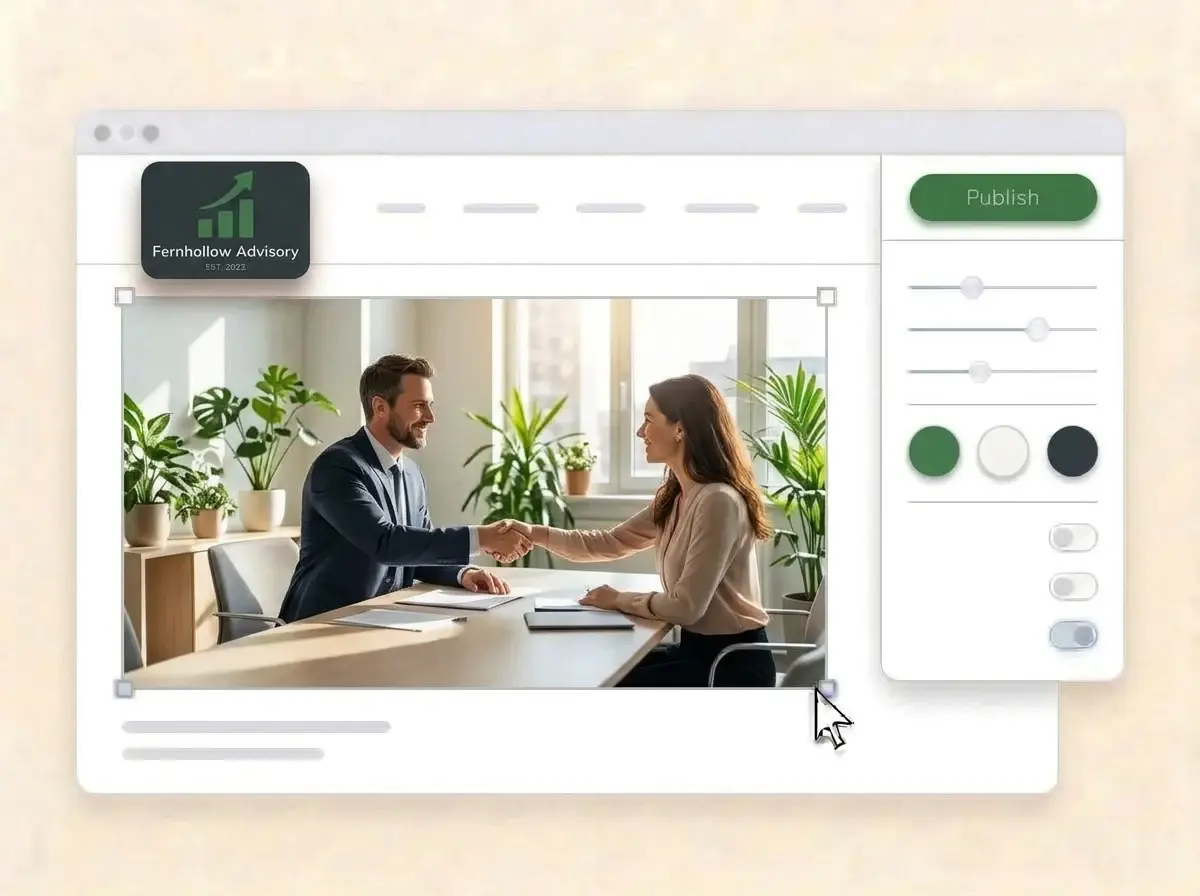 Editing the Fernhollow Advisory website with a photo of a consultant shaking hands with a client selected, the style panel open and the Publish button ready