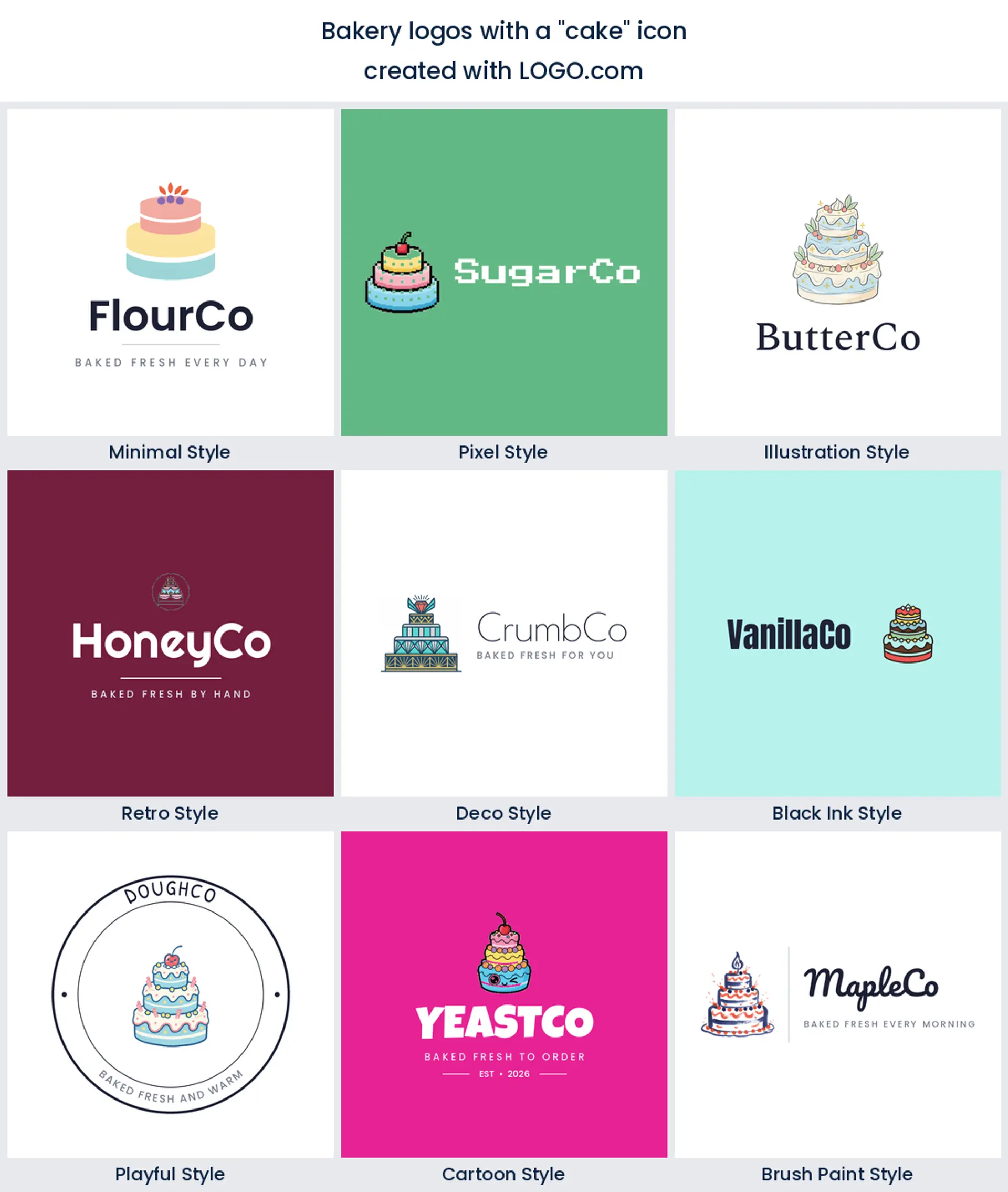 Cake bakery logo shown in nine LOGO.com styles.