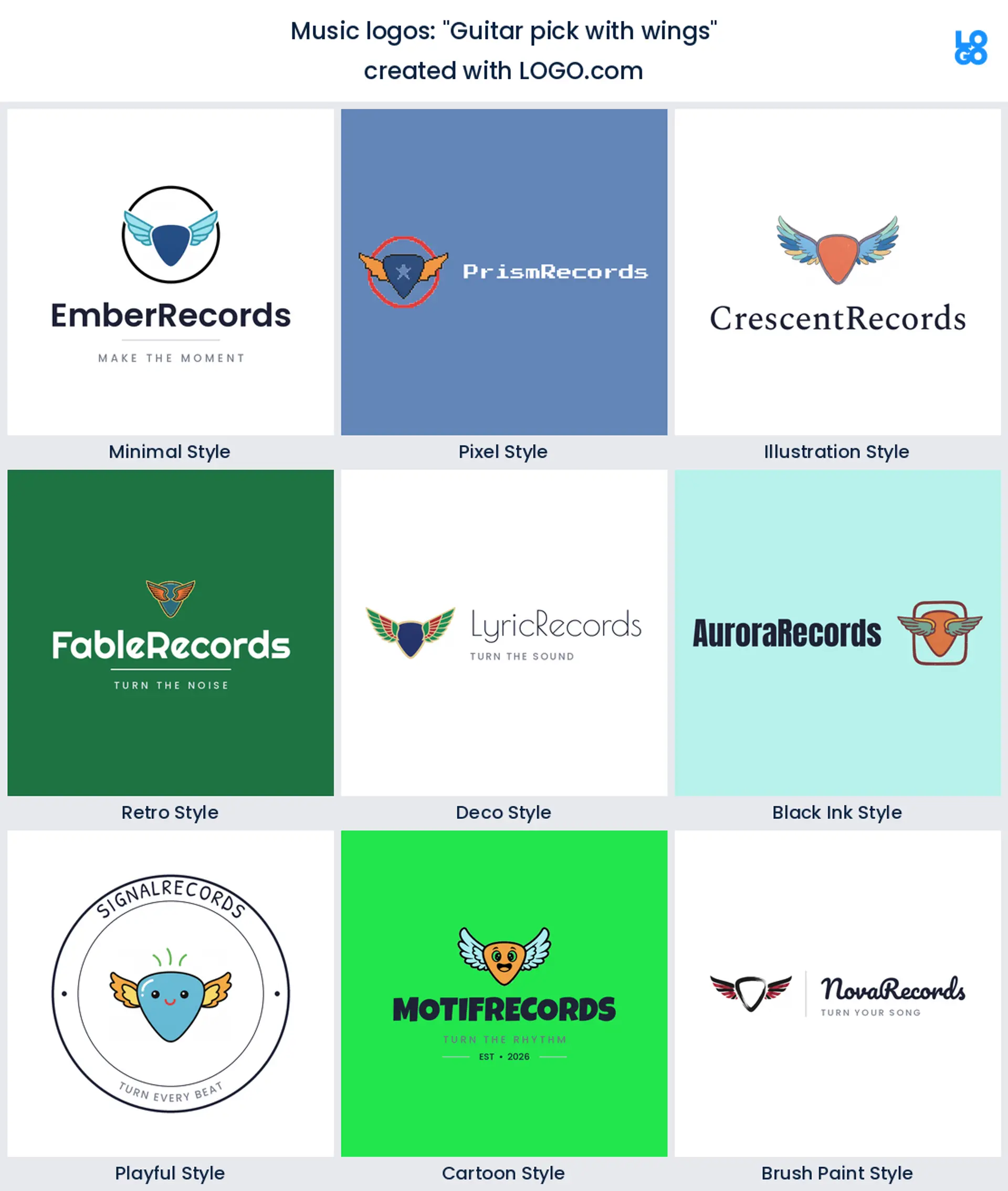 Guitar pick with wings, a music logo idea shown in nine LOGO.com styles