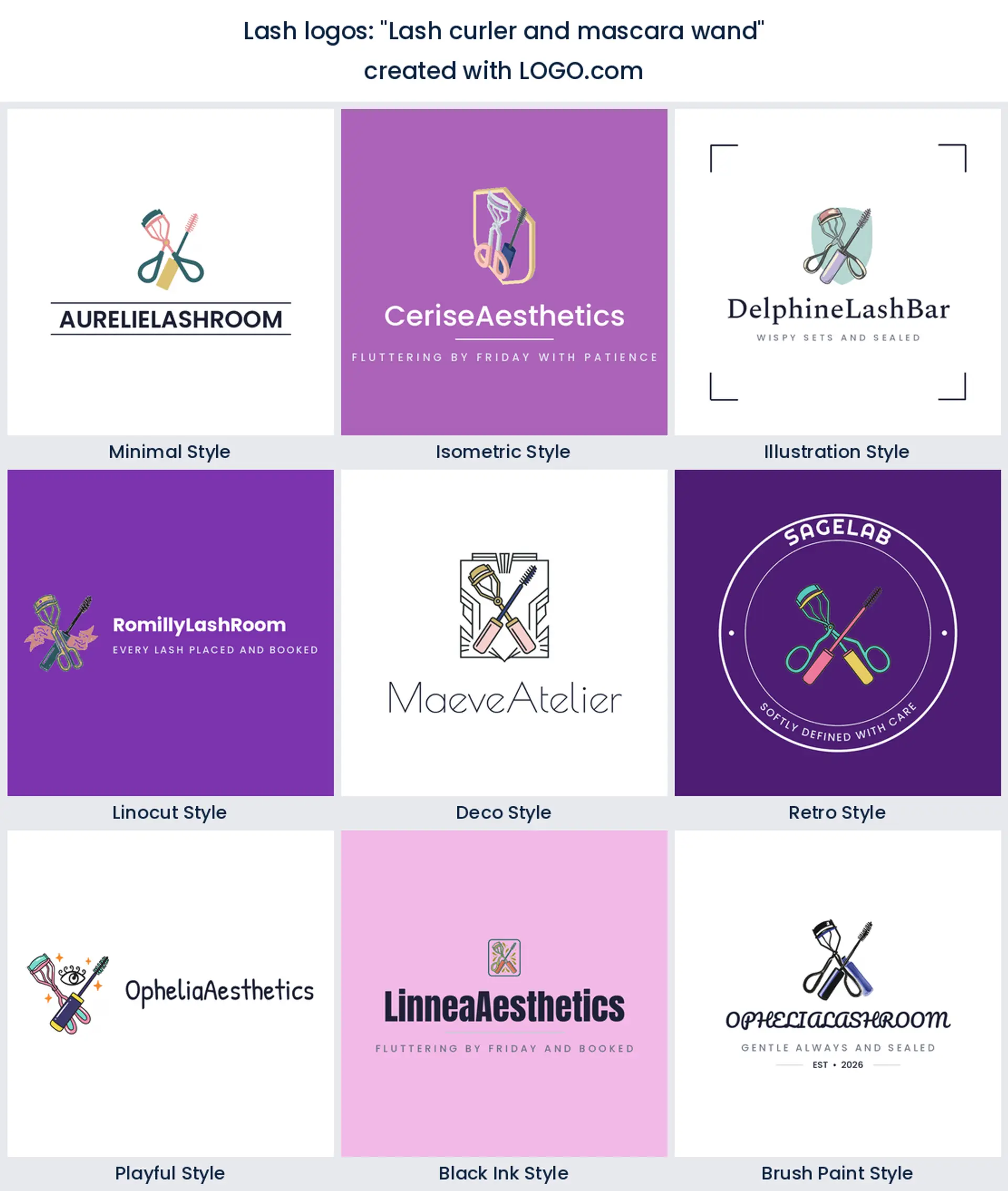 A lash logo built from the founder prompt "Lash curler and mascara wand", shown in nine design styles.