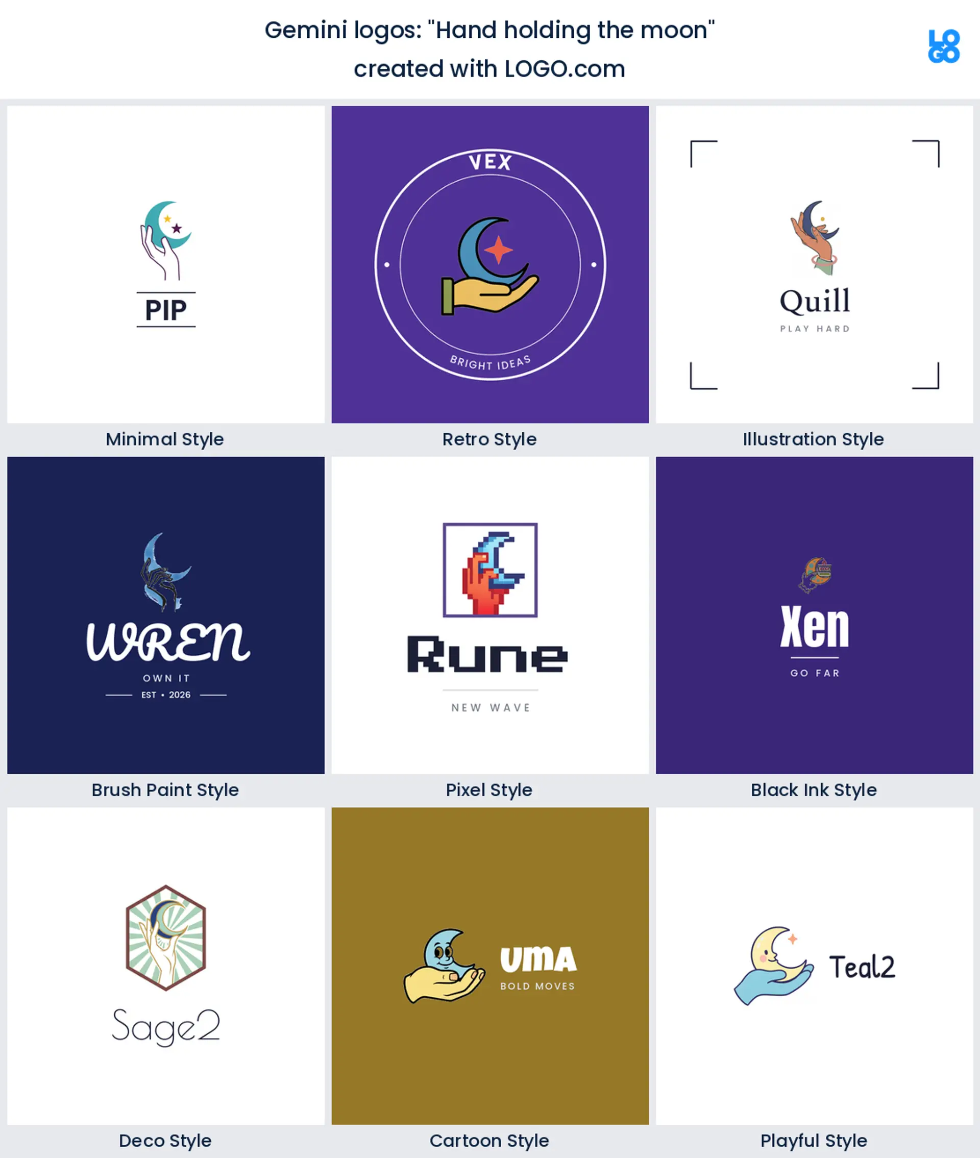 Hand holding the moon, Gemini logo shown in nine LOGO.com styles