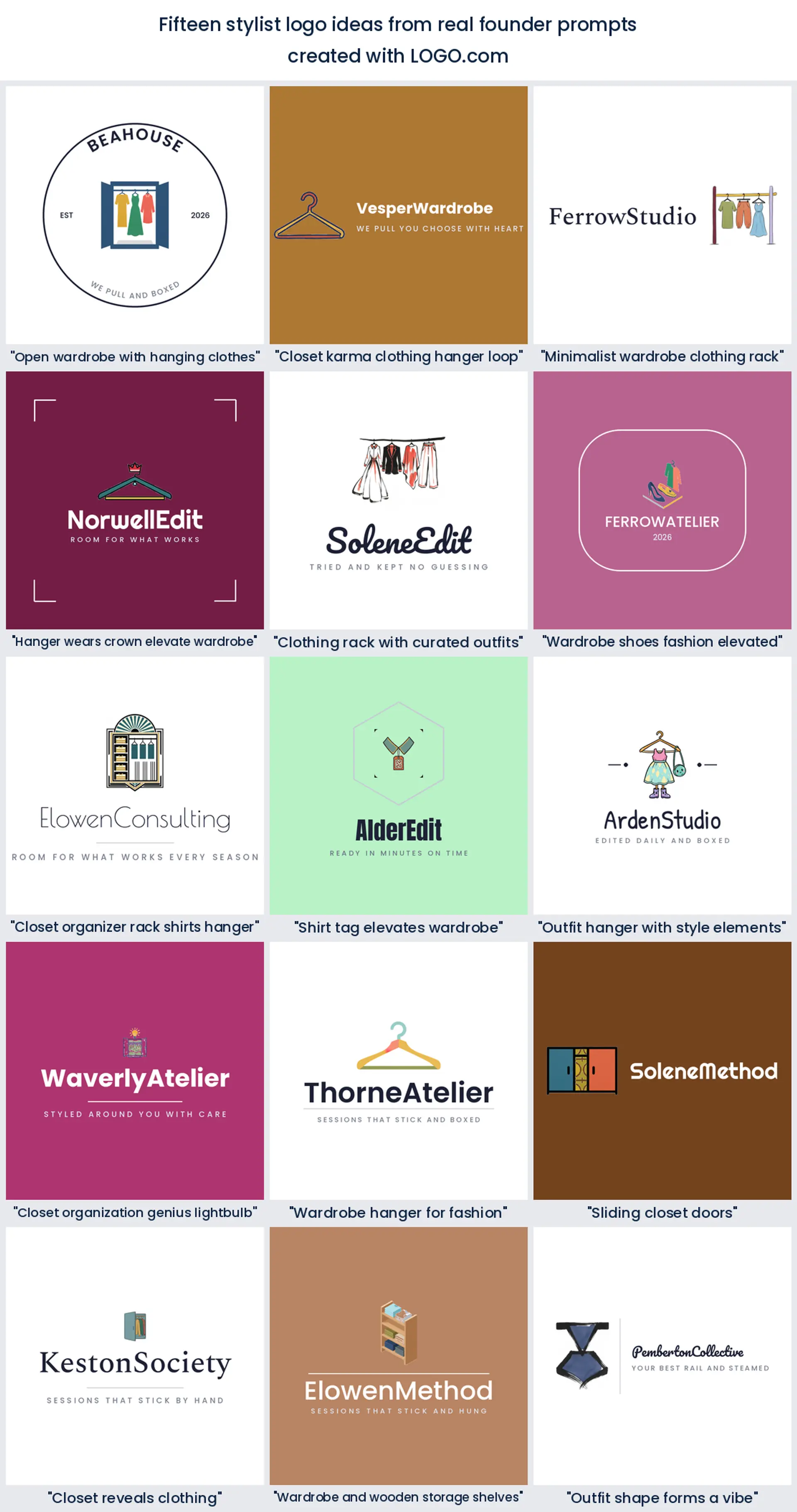 Fifteen stylist logo ideas shown across nine LOGO.com styles