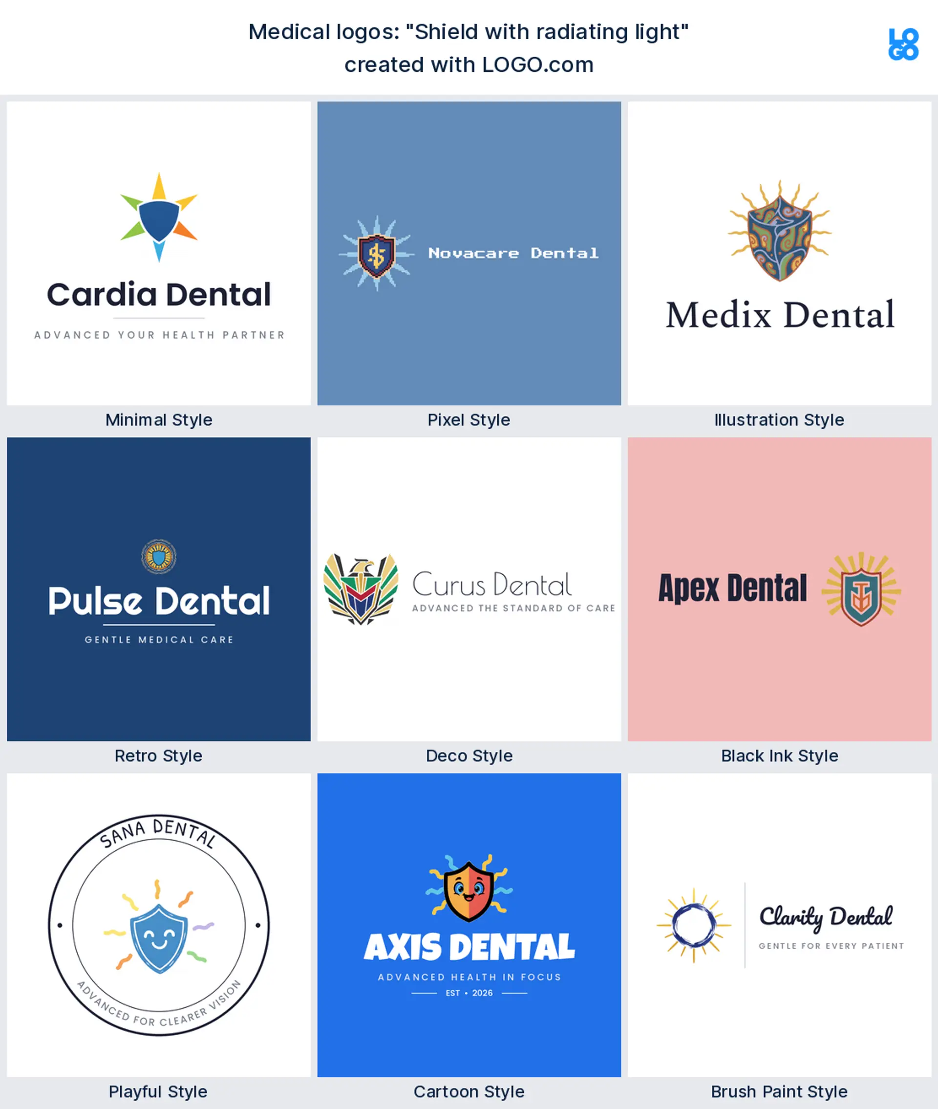 The "Shield with radiating light" medical logo idea shown across nine LOGO.com styles