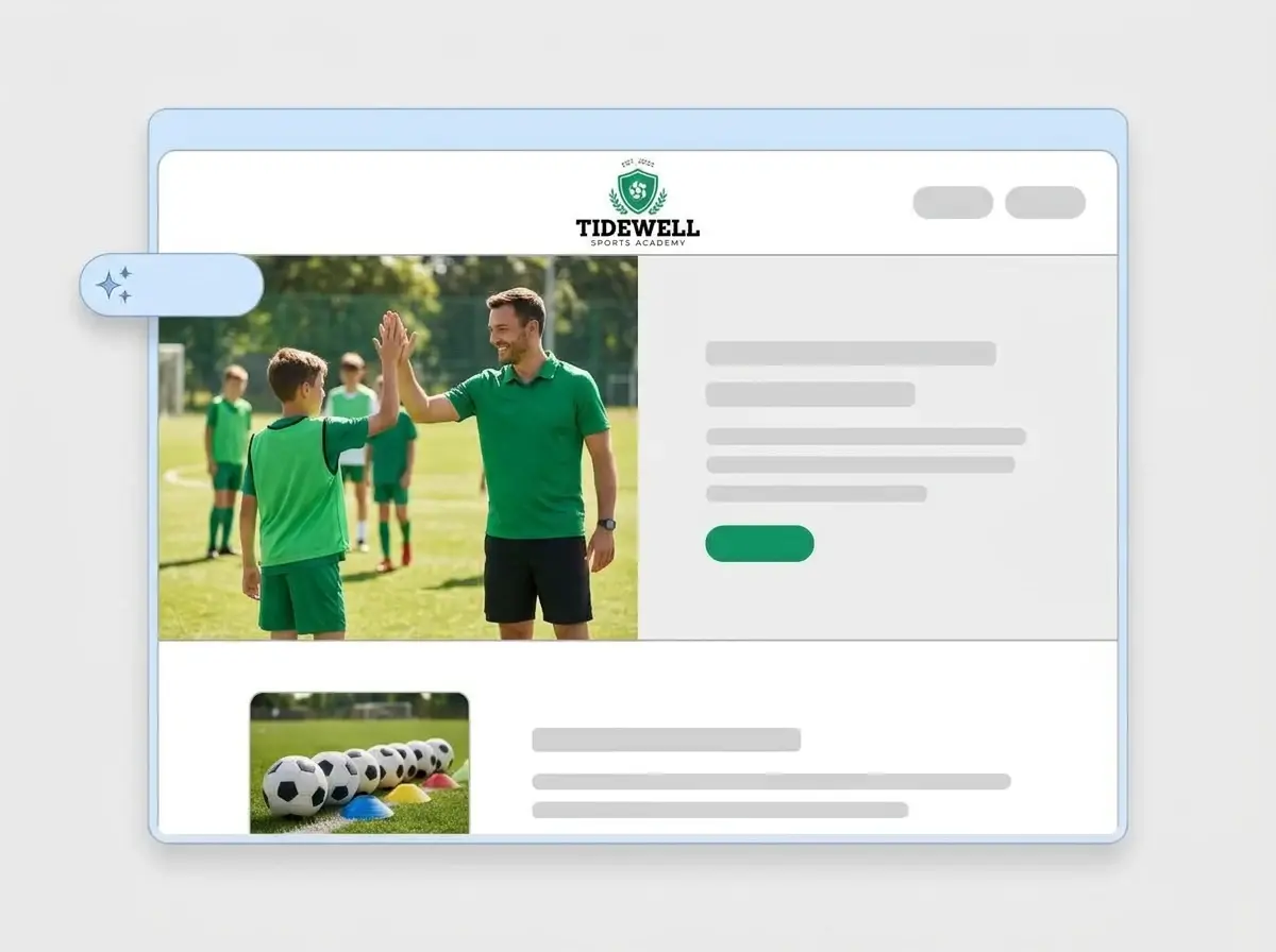 Finished Tidewell Sports Academy website built by LOGO.com from the uploaded logo, with a coach high fiving a young player in the hero and a balls and cones thumbnail