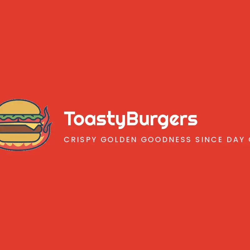 A retro flame grilled burger logo on a red background.
