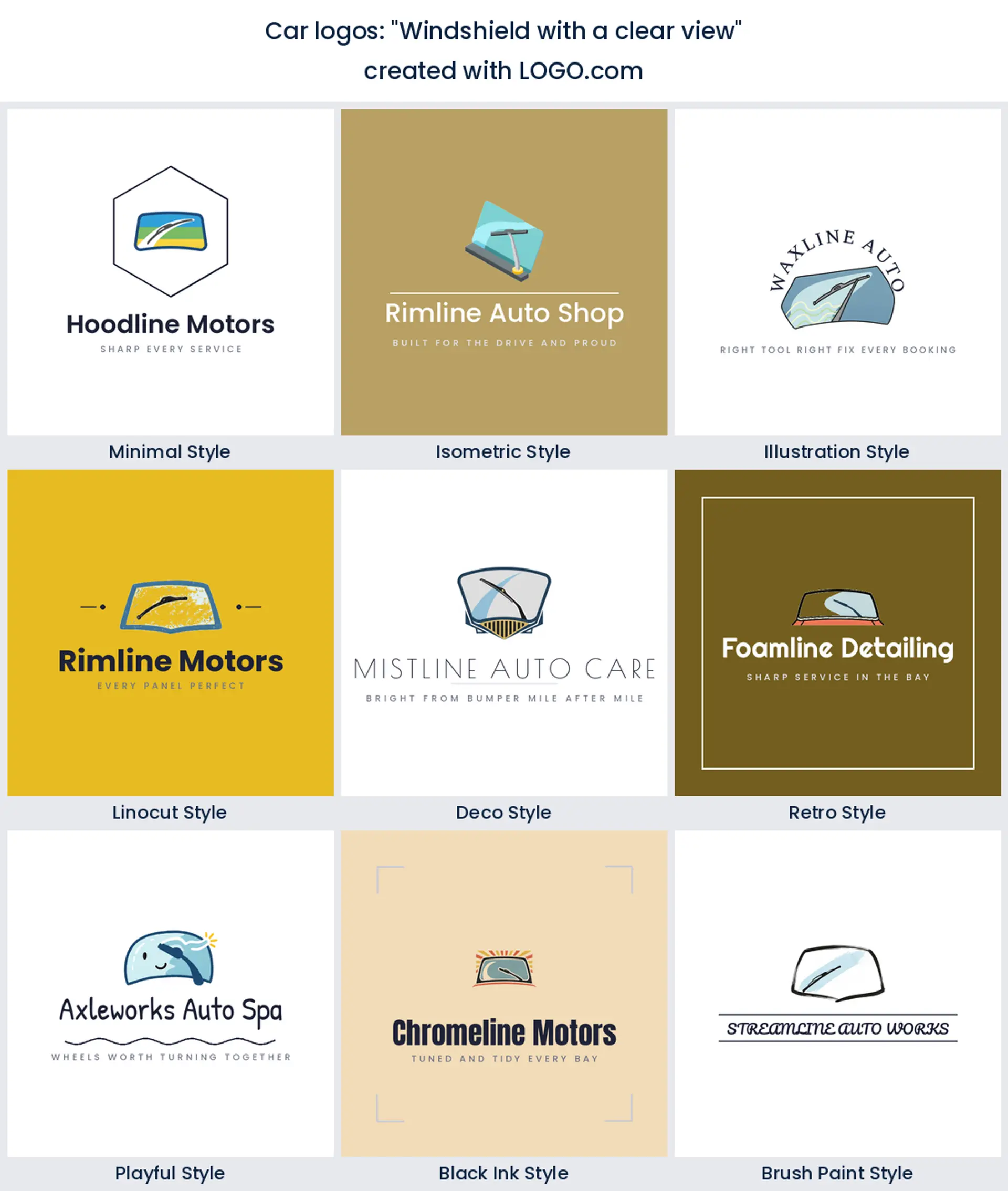 Nine auto glass logos of a windshield with a wiper blade, shown in nine styles.