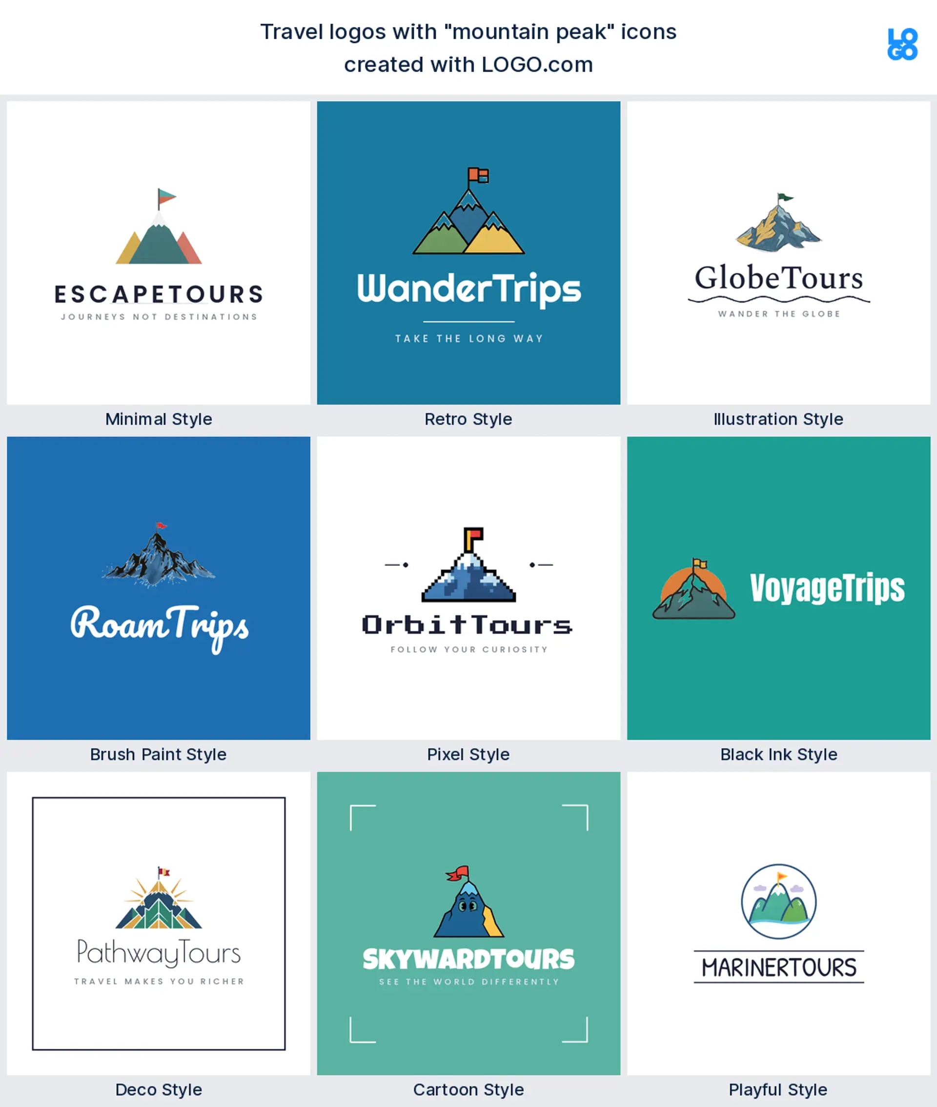 Mountain peak, black ink travel logo shown in nine LOGO.com styles