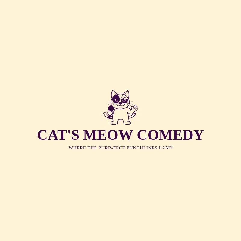 The funny business name Cat's Meow Comedy as a branded logo with a color icon