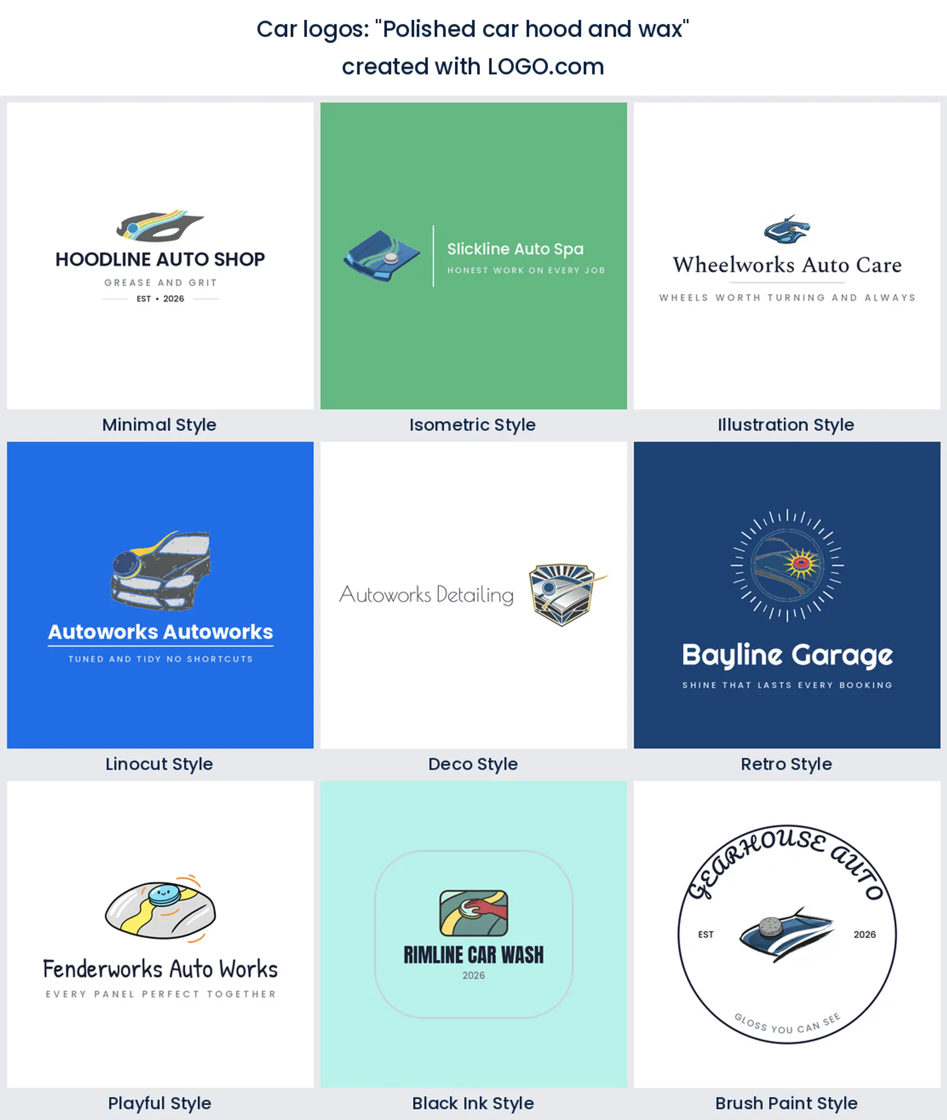 Nine ceramic coating logos of a polished car hood with a wax pad, in nine styles.