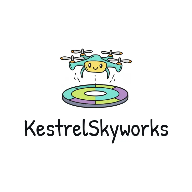 Playful drone and landing pad logo for KestrelSkyworks