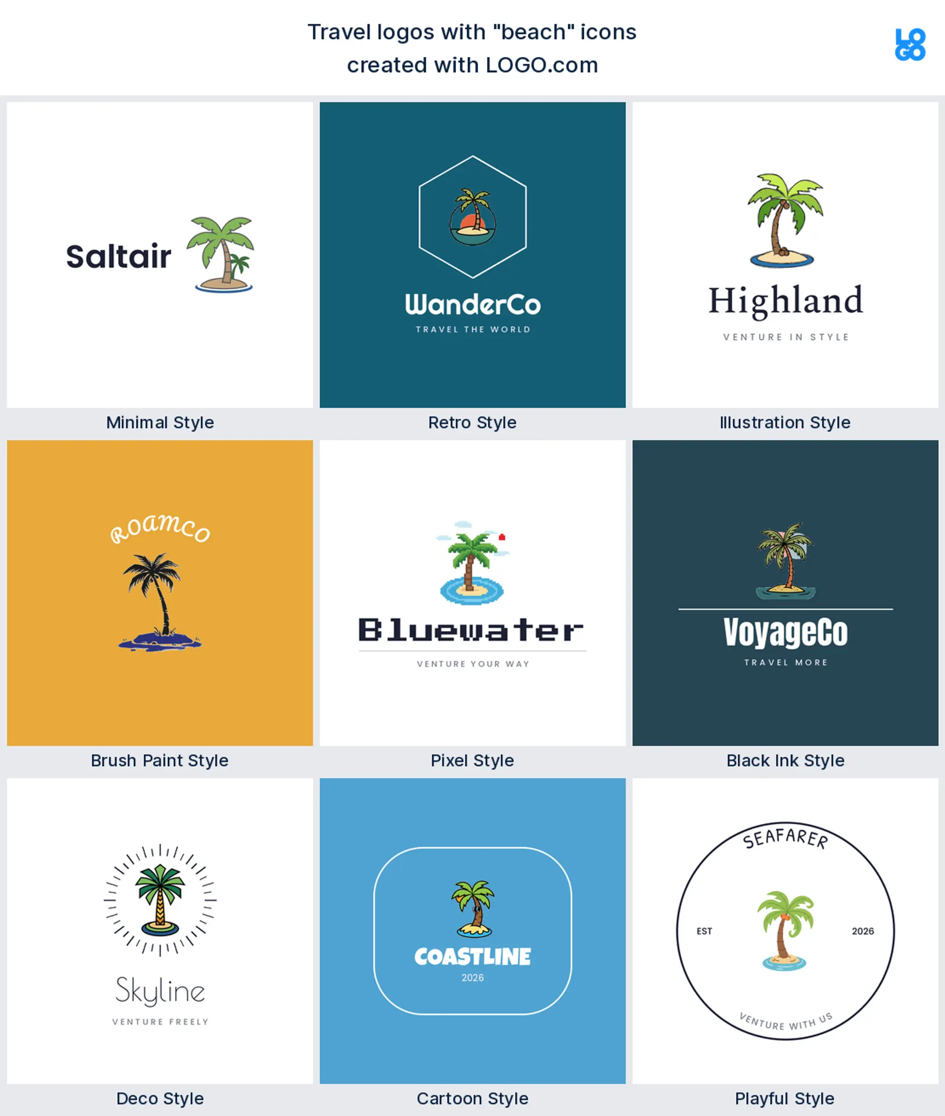 Beach and palm travel logo shown in nine LOGO.com styles