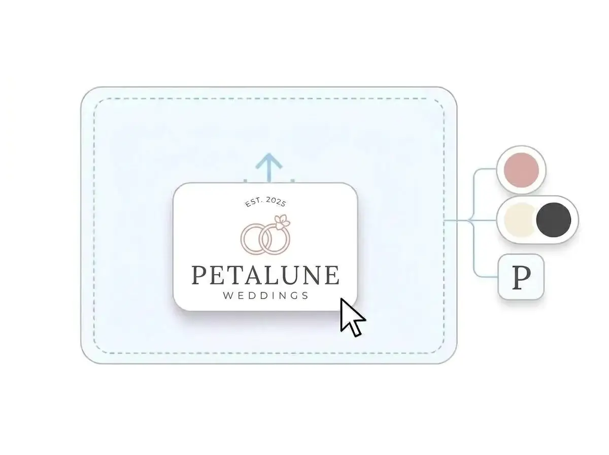 Petalune Weddings logo dropped into the LOGO.com upload box, with its blush pink, ivory and charcoal colors and serif letter picked out