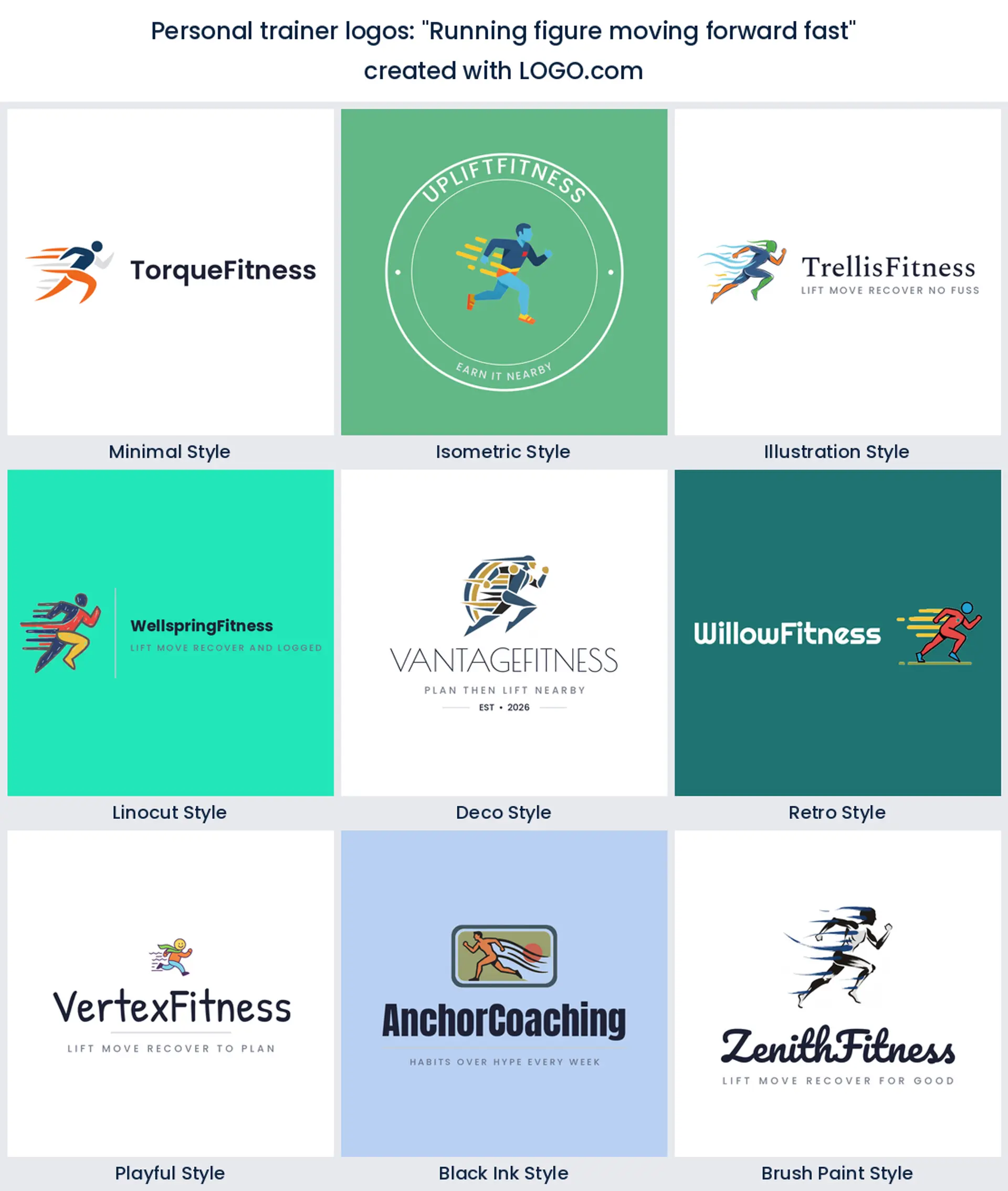 Running figure with speed lines logo across nine LOGO.com styles