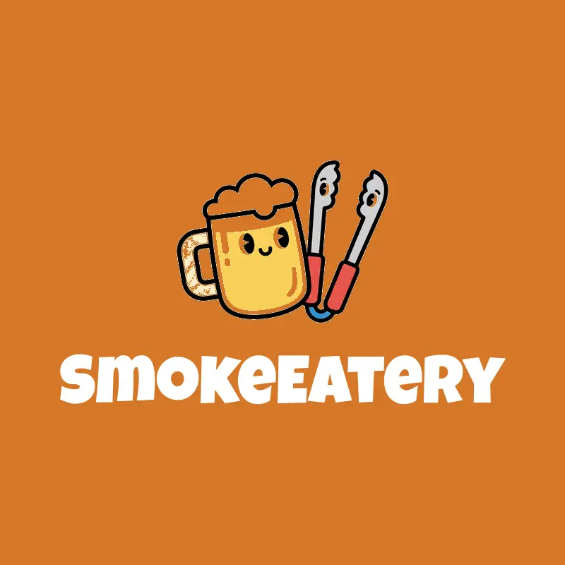 A cartoon beer and grill tongs bar and grill logo on an orange background.