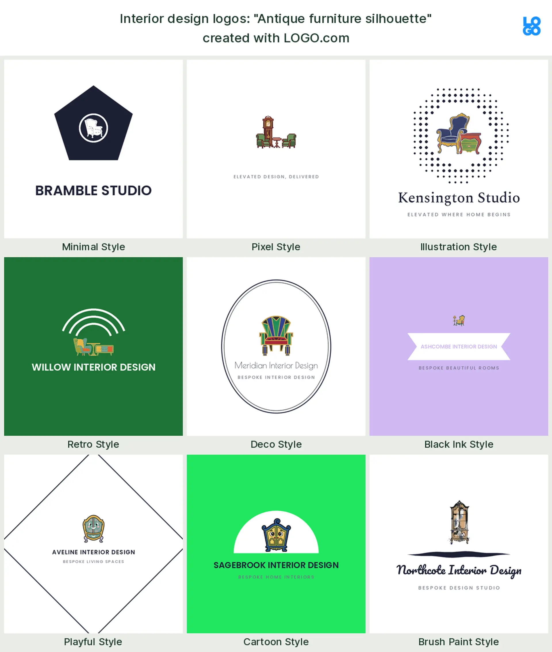 The "Antique furniture silhouette" interior design logo idea, shown across nine styles on LOGO.com