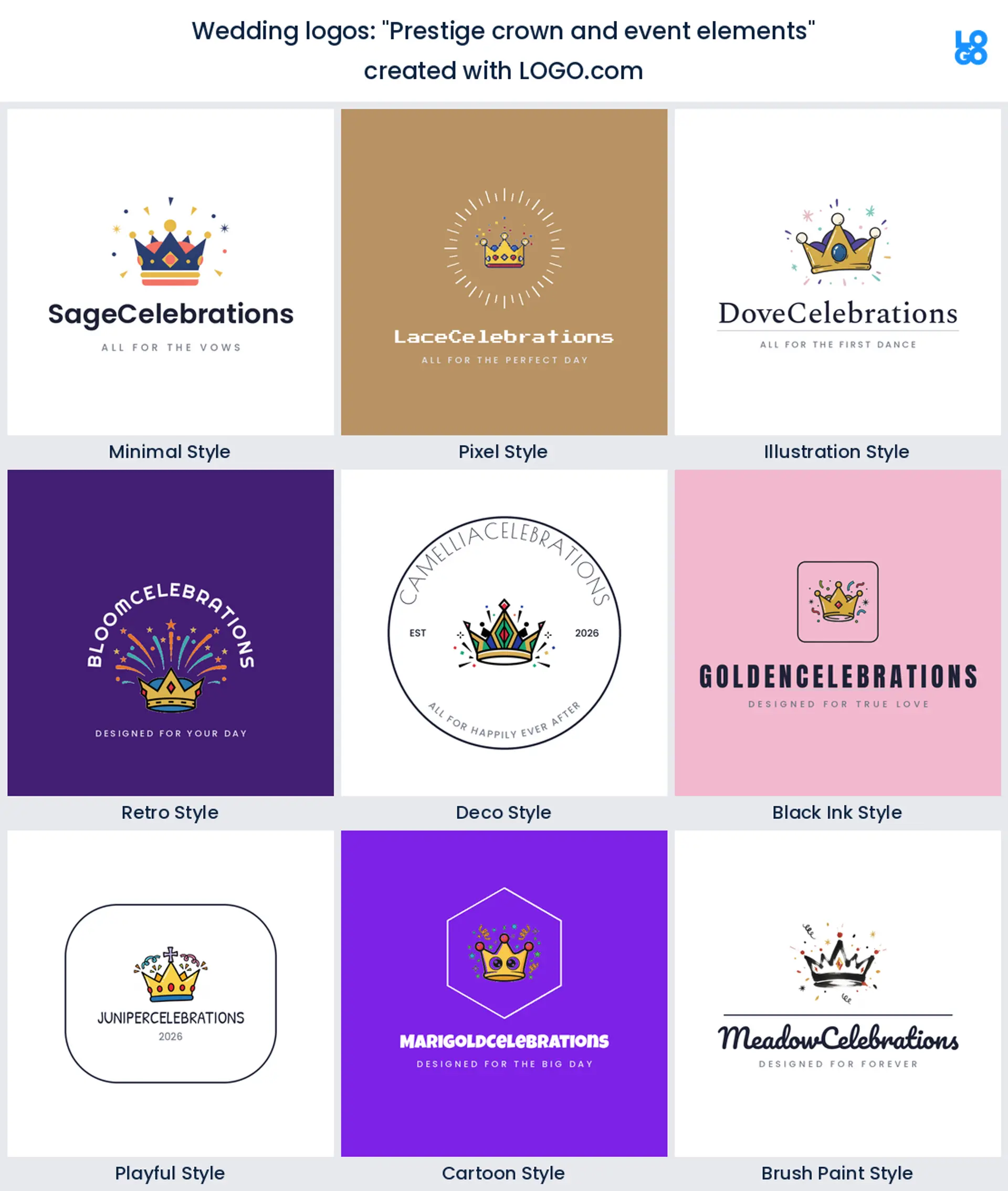Prestige crown and event elements, a wedding logo idea shown in nine LOGO.com styles