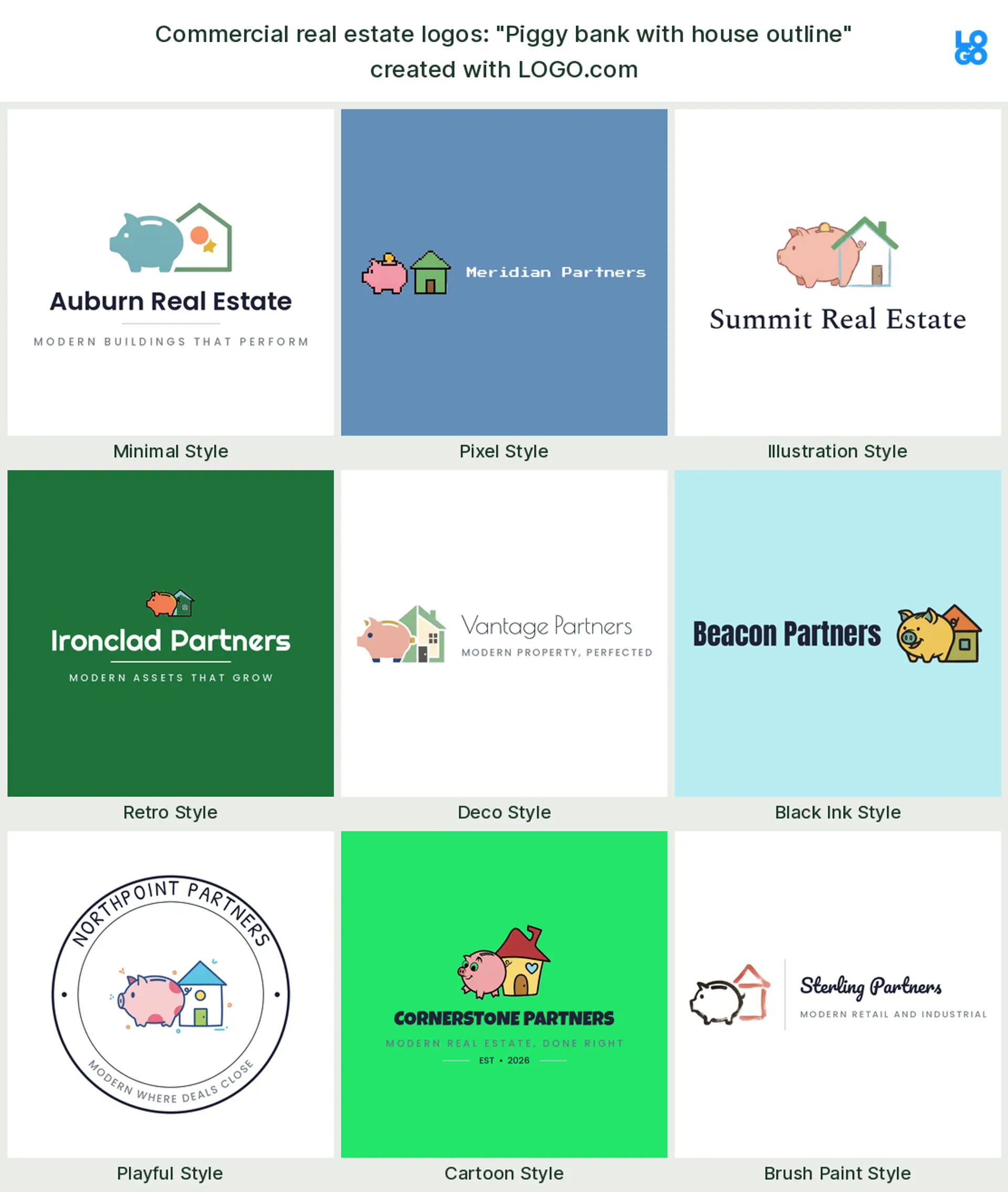 The "Piggy bank with house outline" commercial real estate logo idea, shown across nine styles on LOGO.com