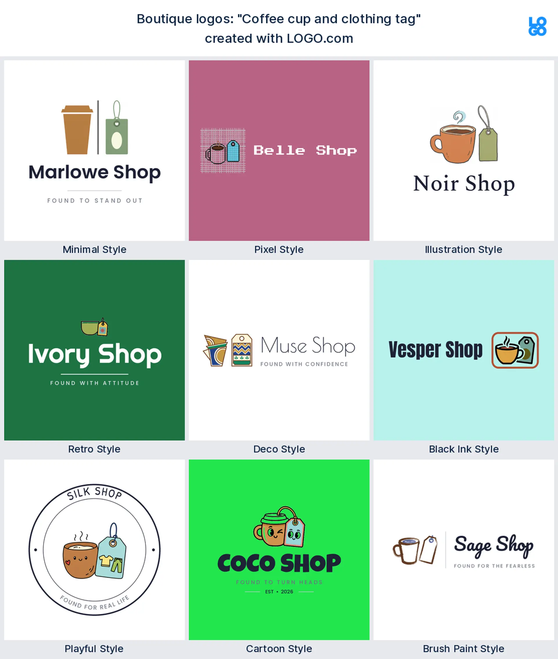The Coffee cup and clothing tag boutique logo idea shown across nine LOGO.com styles