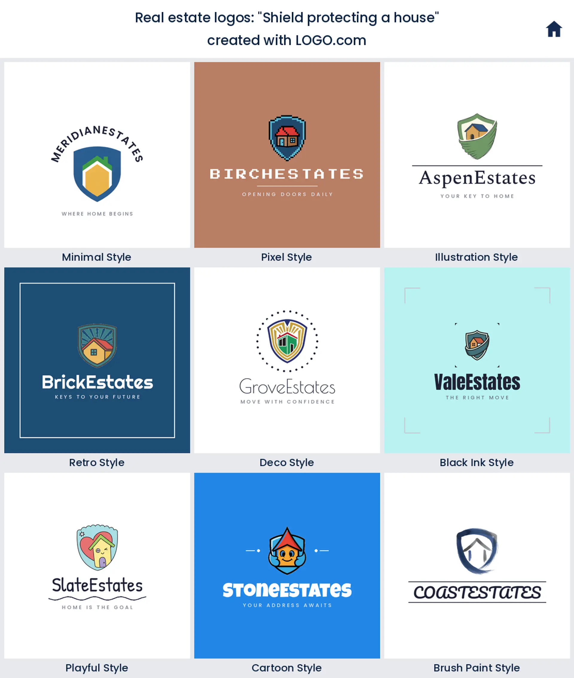 Shield protecting a house, a real estate logo idea shown in nine LOGO.com styles